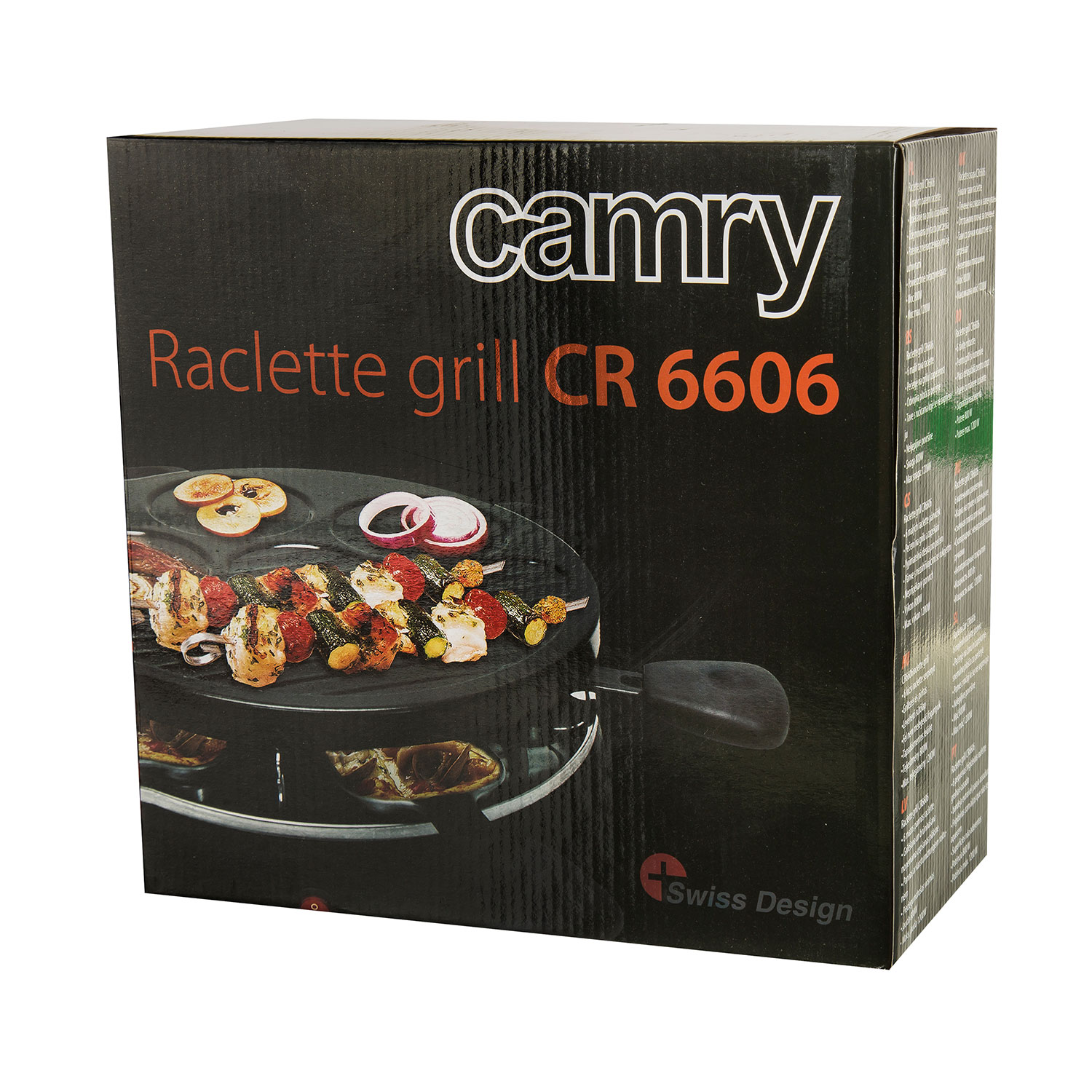 Una scatola nera mostra 'Camry Raclette grill CR 6606' con un'immagine della griglia e del cibo. Sfondo bianco.