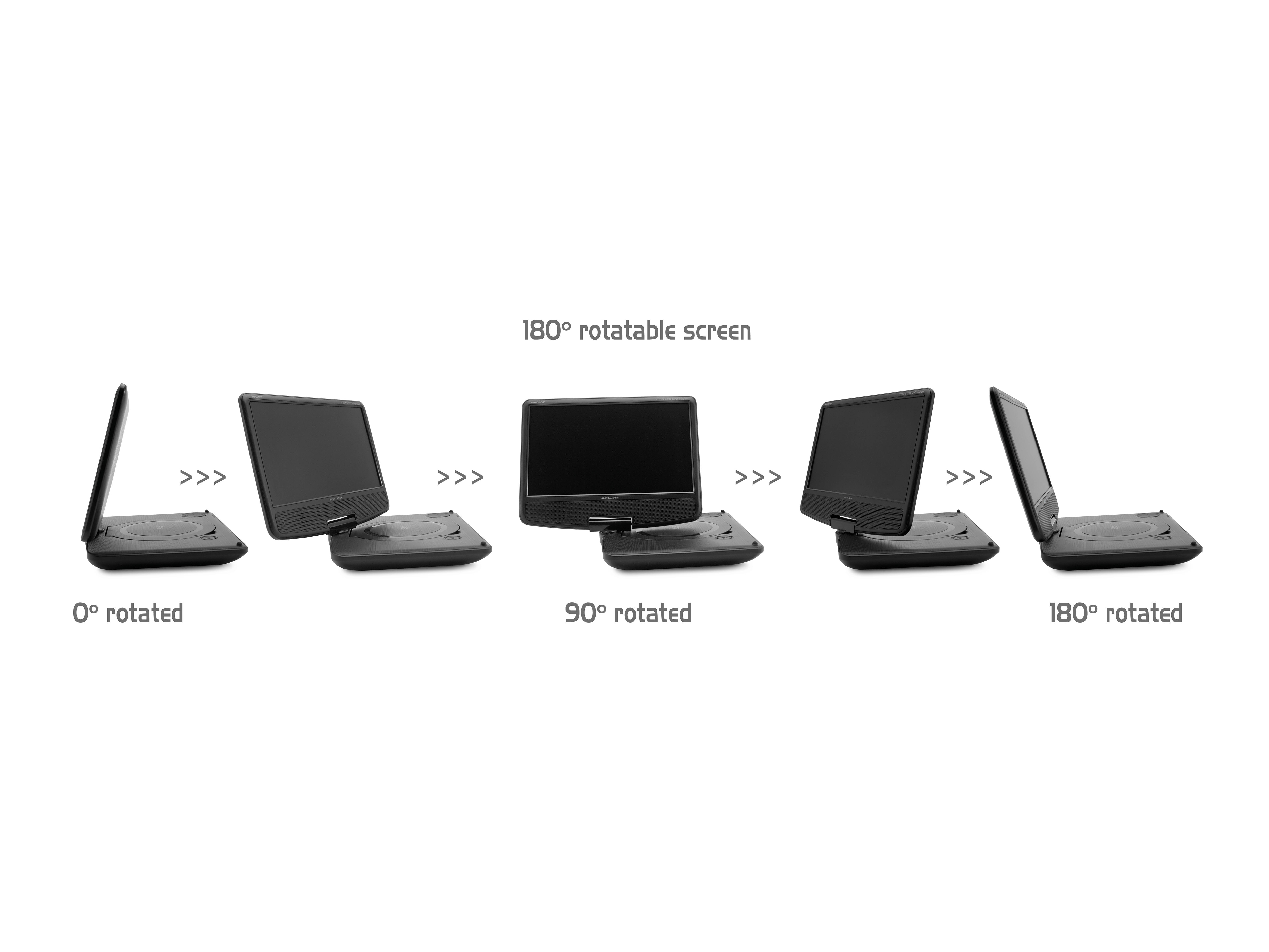 Tragbarer DVD-Player mit Rotationsstufen. 0, 90 und 180 Grad Ansichten.