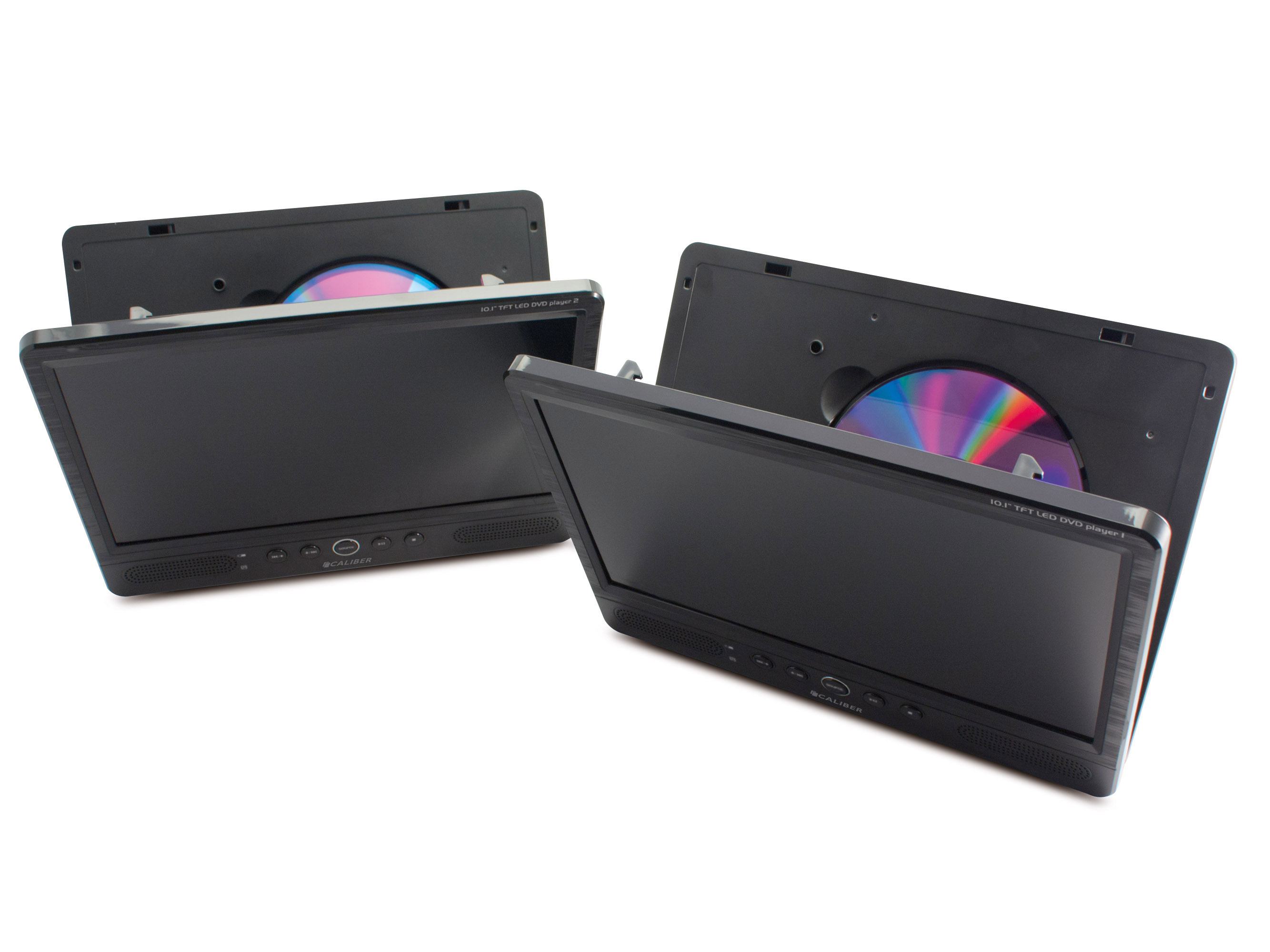 Zwei schwarze tragbare DVD-Player, offen, auf weißem Hintergrund. Discs sind eingelegt.