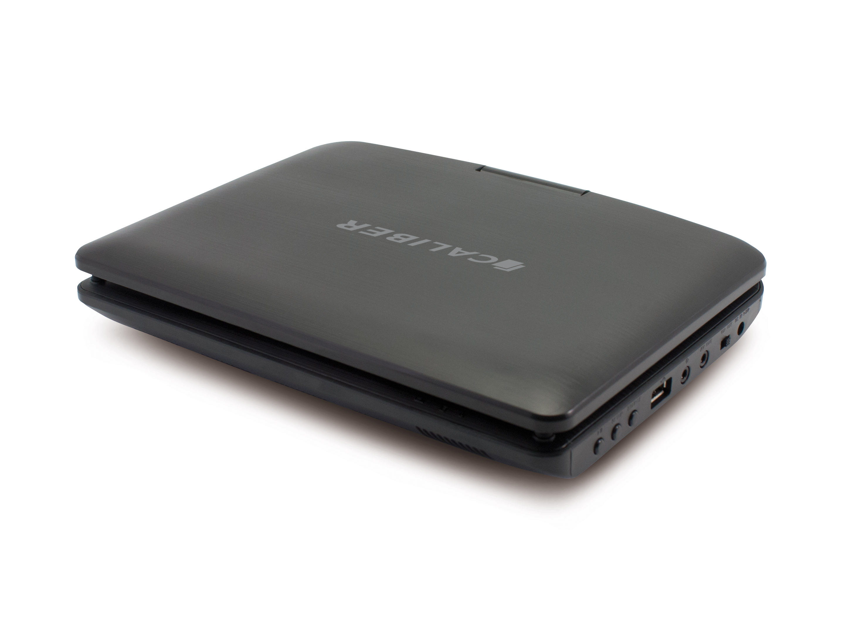 Ein grauer tragbarer DVD-Player. Er ist geschlossen und trägt den Aufdruck CALIBER.