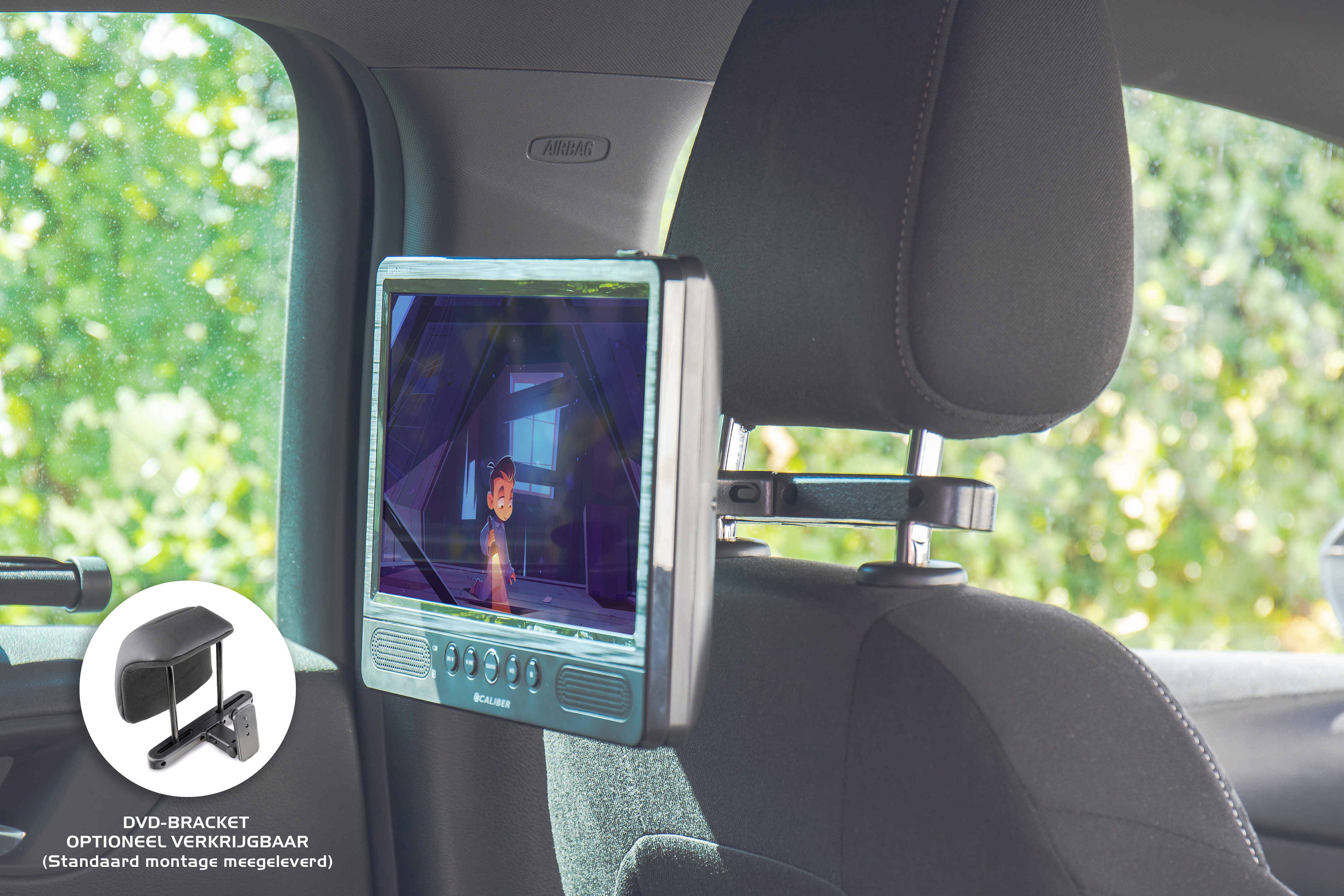 Ein DVD-Player-Bildschirm an einem Autositz befestigt, zeigt einen Cartoon mit Halterung.