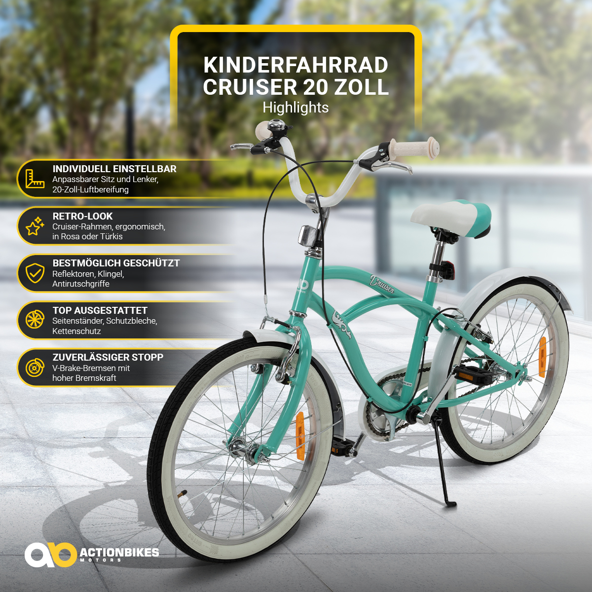 Ein Kinderfahrrad, türkisfarbener Rahmen, weiße Reifen, mit Banner, das Merkmale hervorhebt.