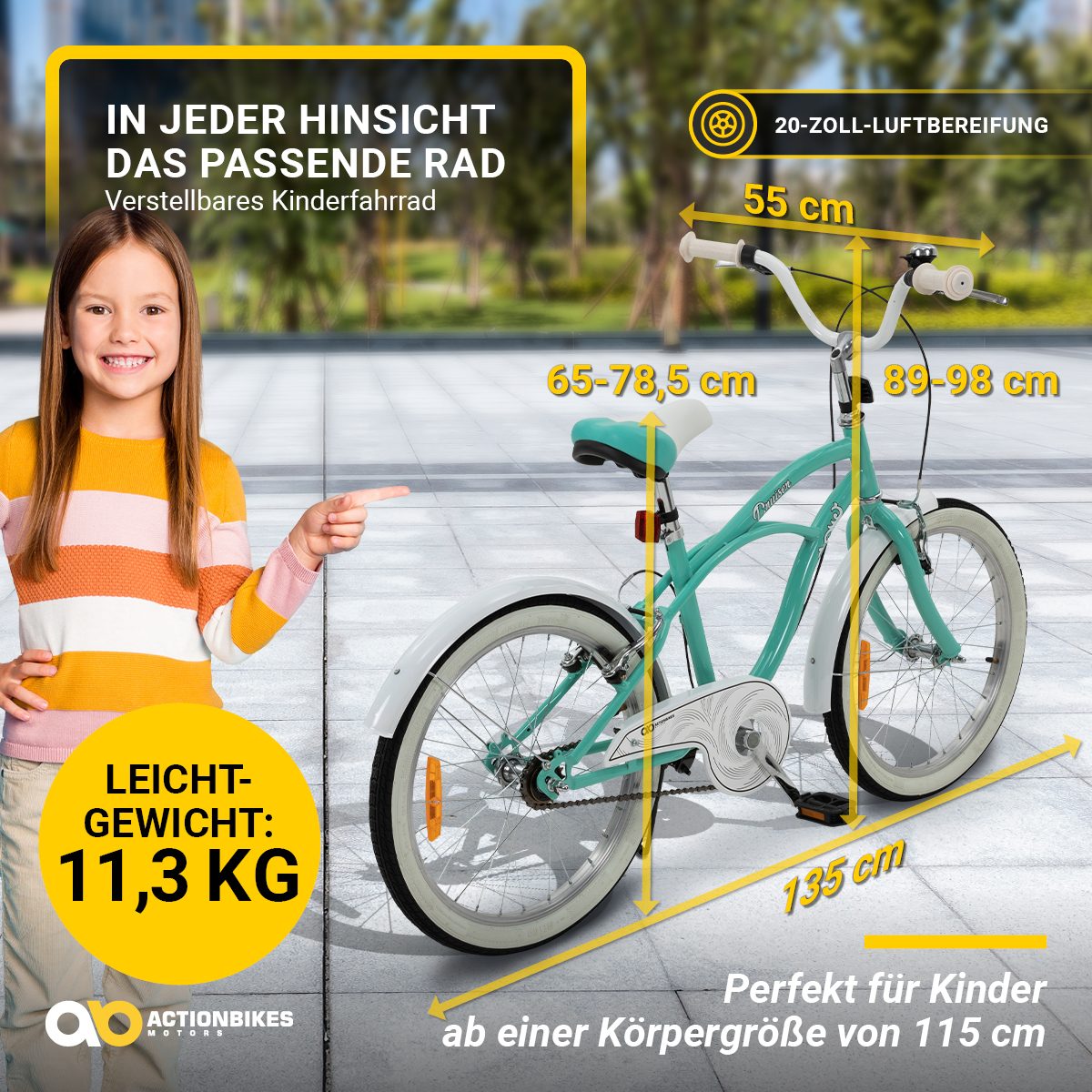 Ein Mädchen mit einem Fahrrad. Text auf Deutsch über die Eigenschaften und Abmessungen des Fahrrads.