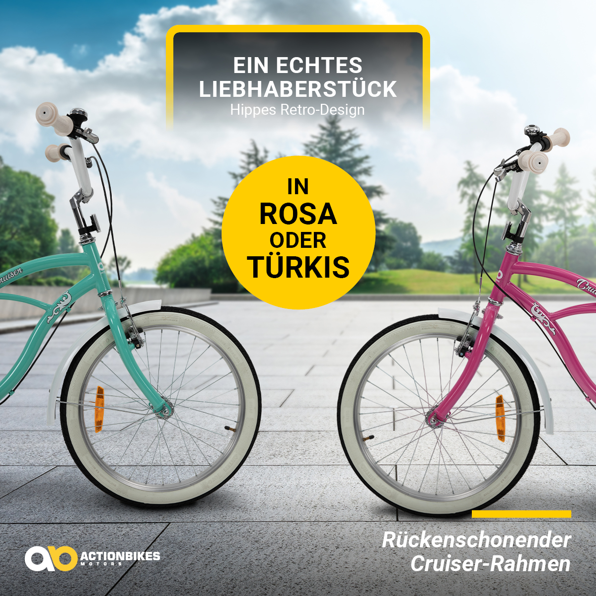 Zwei Retro-Fahrräder, türkis und rosa, werden mit einem gelben Kreistext auf Deutsch gezeigt.