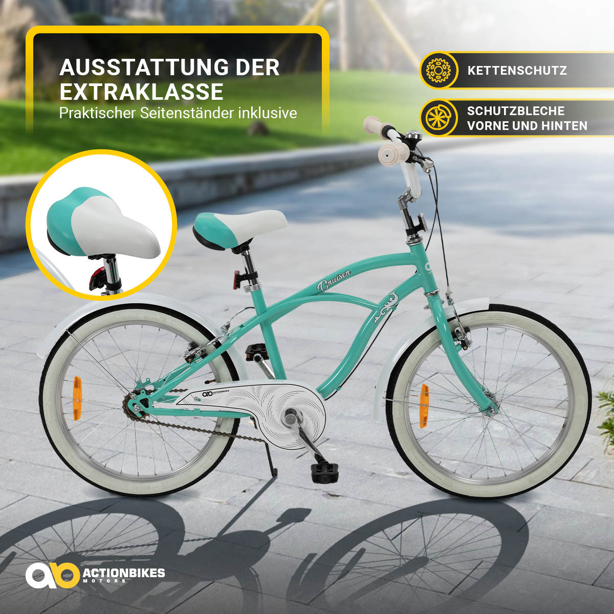 Türkisfarbenes Cruiser-Fahrrad mit weißen Akzenten. Details umfassen Sattel und Schutzbleche.