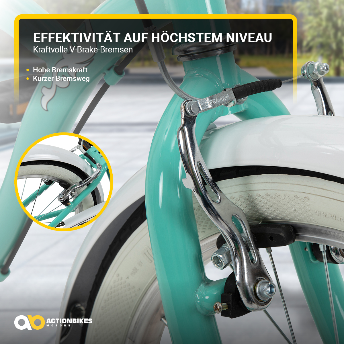 Nahaufnahme von Fahrradbremsen. Die Bremsen sind türkis, chromfarben und weiß. Text in gelber Box.
