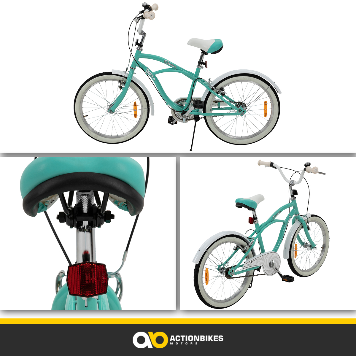Türkisfarbenes Fahrrad mit weißen Reifen, Schutzblechen und Sitz. Drei Ansichten auf weißem Hintergrund.