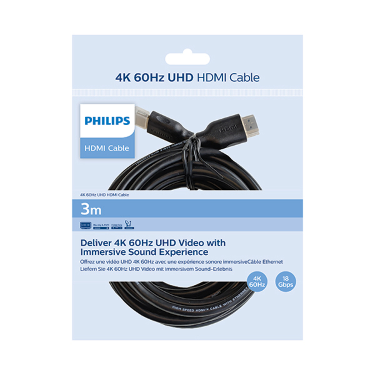 Cable HDMI negro con etiqueta 4K 60Hz UHD. Empaquetado en una funda azul y blanca.