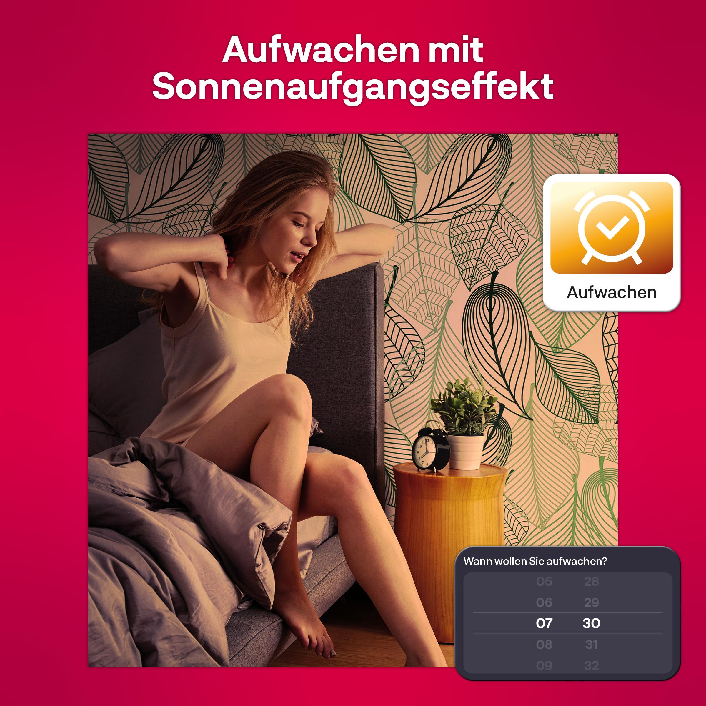 Frau im Bett, Werbung für ein Wecklicht. Text auf Deutsch, mit einem Uhrensymbol.