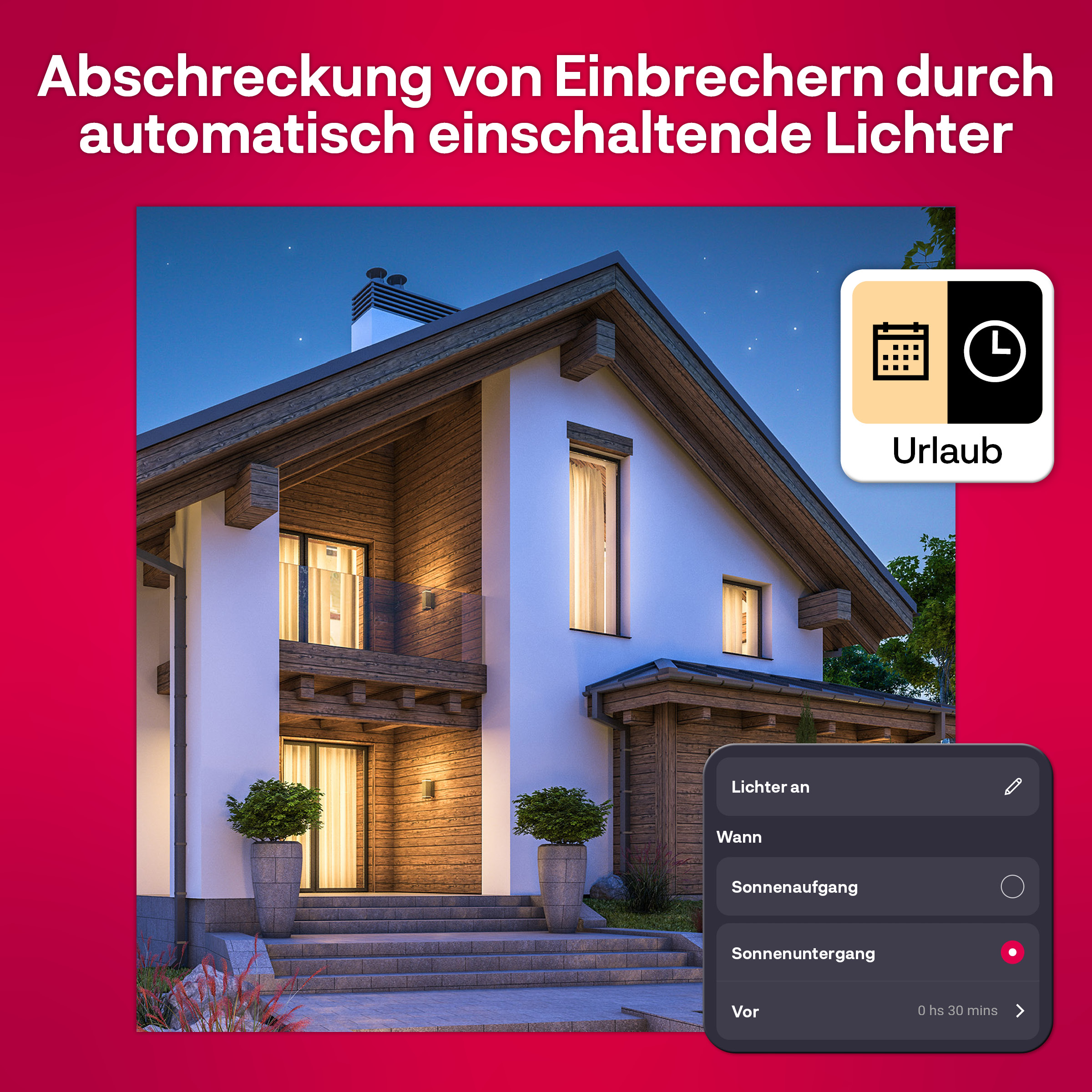 Hausfassade bei Nacht mit Smart-Home-Oberfläche, die Lichtsteuerungsoptionen und ein Urlaubssymbol zeigt.