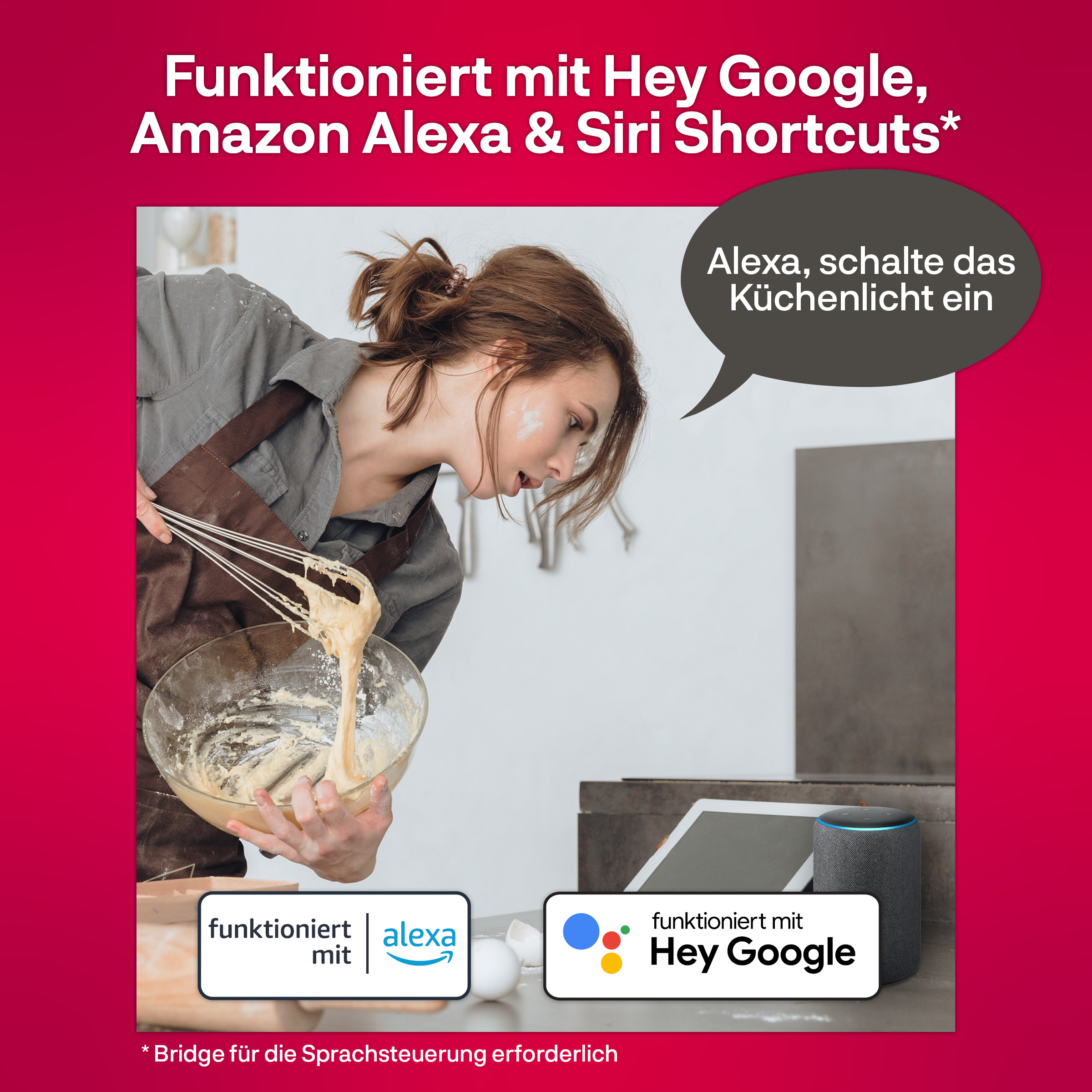 Eine Frau backt einen Kuchen, mit einem Smart Speaker und Tablet, mit Text zur Sprachsteuerung.