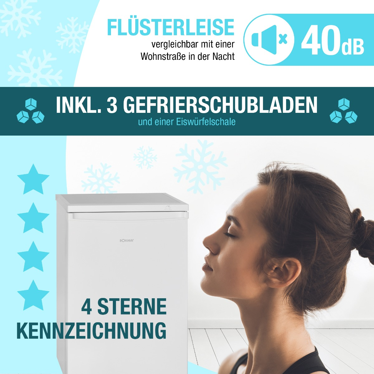 Weißer Mini-Kühlschrank mit Frauenprofil und grafischem Text, Schneeflocken und Sterne im Hintergrund.