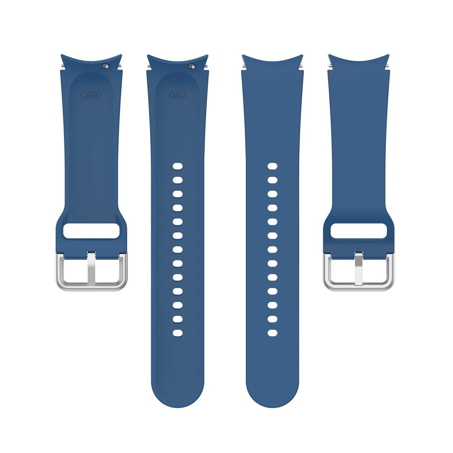 Zwei Paar blaue Uhrenarmbänder mit silbernen Schnallen. Ein Paar ist länger, das andere kürzer.