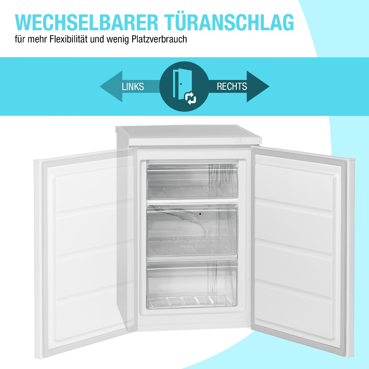 Weißer Gefrierschrank mit offenen Türen. Pfeile zeigen Türrichtung. Text: Türanschlag wechselbar.