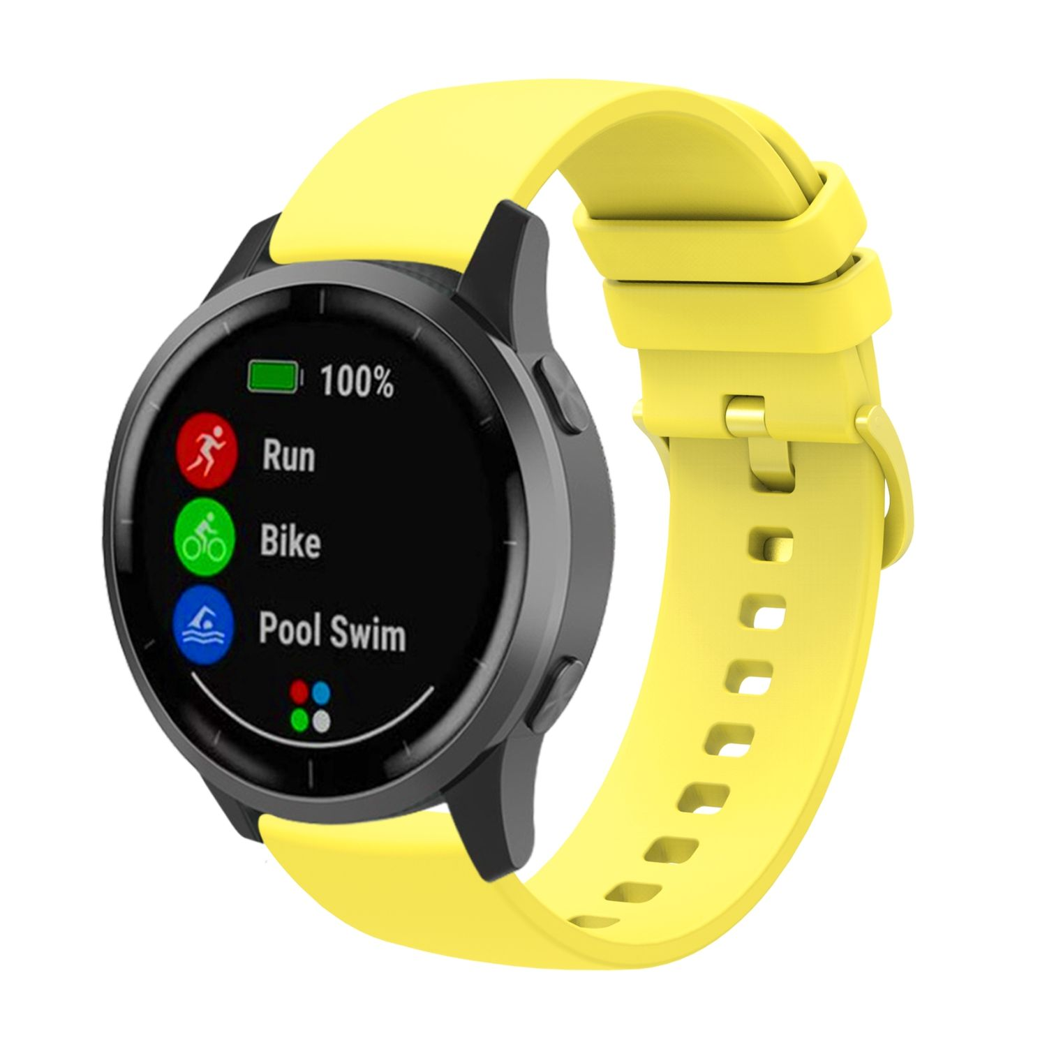 Smartwatch mit gelbem Armband. Der Bildschirm zeigt Symbole für Laufen, Fahrrad und Schwimmen. Weißer Hintergrund.