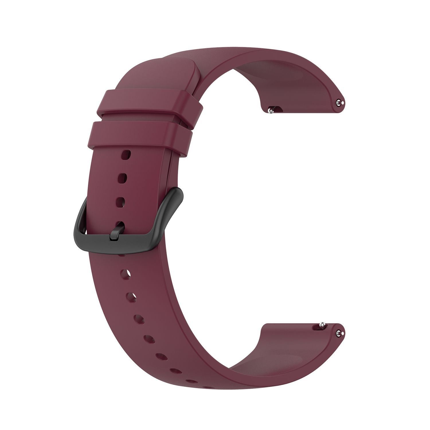 Burgunderfarbenes Uhrenarmband, schwarze Schnalle und Stifte, mit geschwungenem Design.