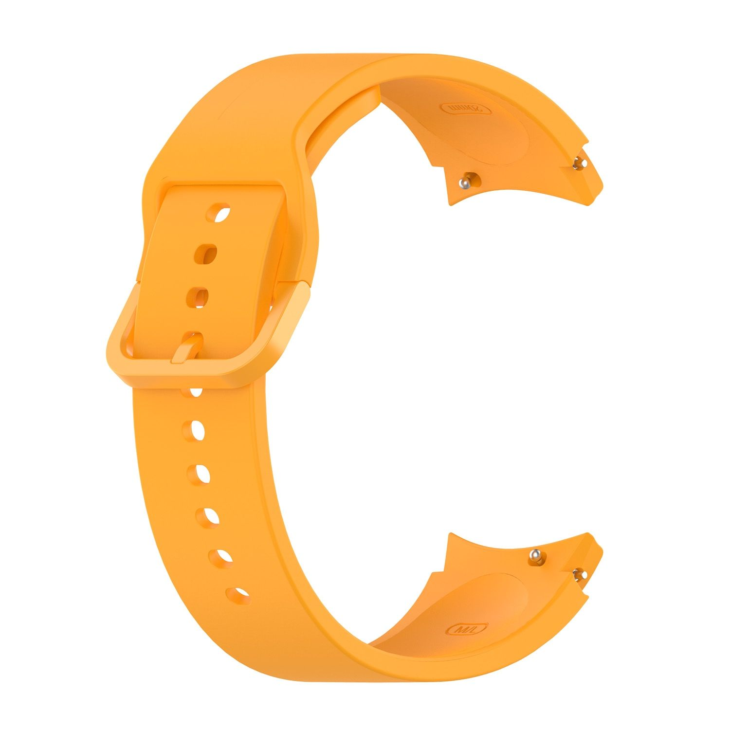 Ein orangefarbenes Uhrenarmband mit einer Schnalle. Das Armband ist gebogen und hat einen Verschluss zum Anbringen an der Uhr.