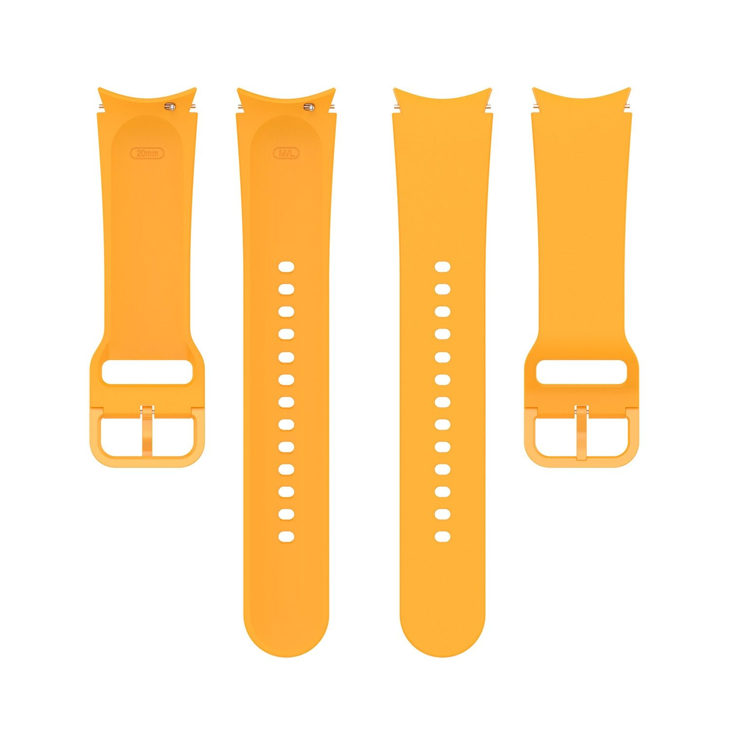 Vier orangefarbene Armbänder auf weißem Hintergrund. Zwei mit Löchern, zwei ohne.