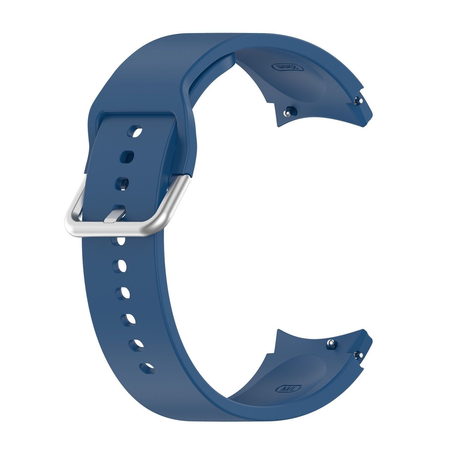 Blaues Uhrenarmband mit silberner Schnalle, gebogene Form. Das Armband besteht aus flexiblem Material.