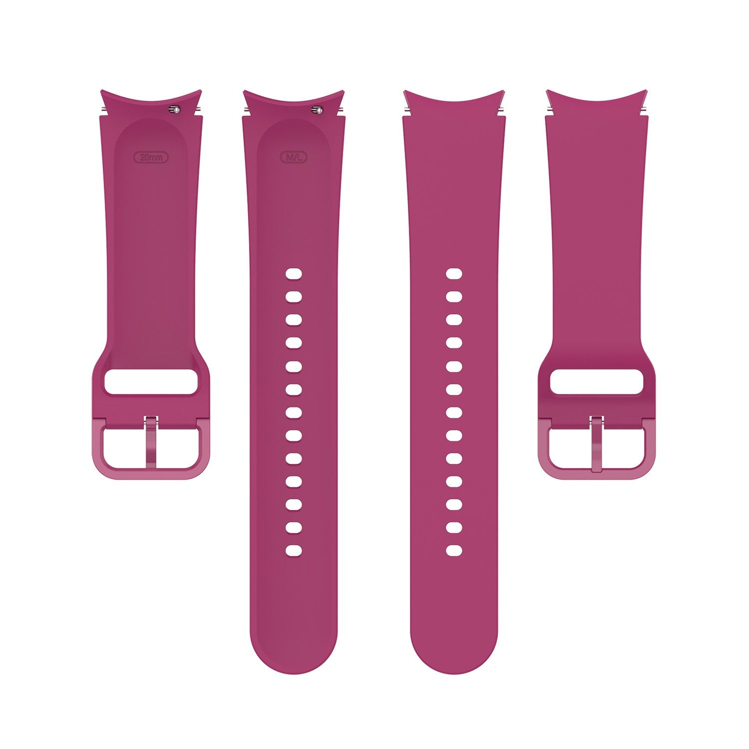 Vier magenta Uhrenarmbänder. Zwei komplett, zwei Hälften. Schnallen und Löcher sichtbar.