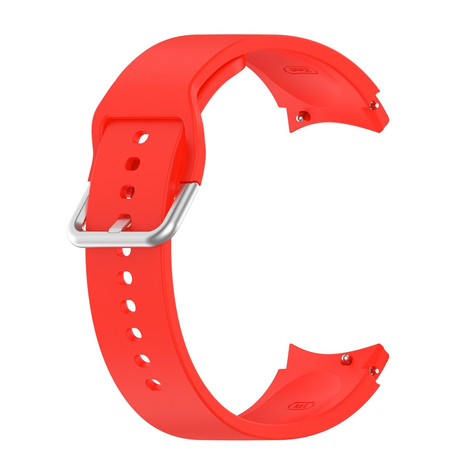 Ein rotes Uhrenarmband mit silberner Schnalle. Es hat eine C-Form und ist bereit zum Anbringen.