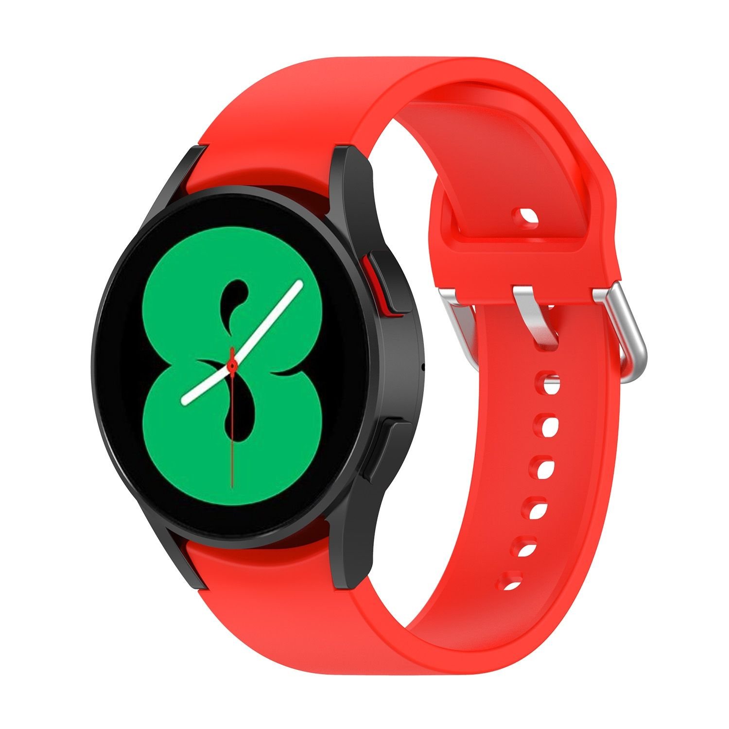 Eine rote Smartwatch mit schwarzer Lünette. Der Bildschirm zeigt eine grüne 8 und eine weiße Linie.