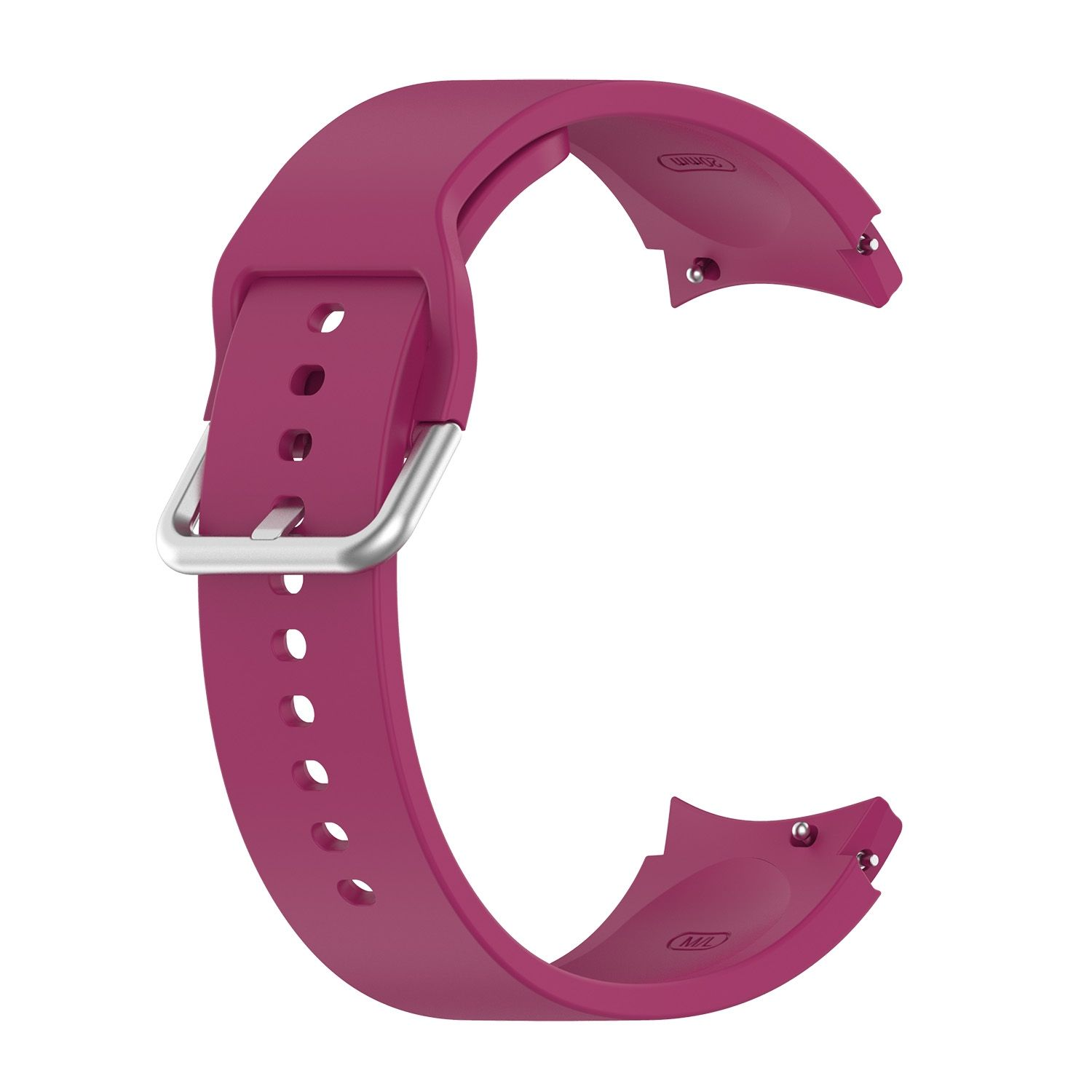 Ein magentafarbenes Uhrenarmband mit einer silbernen Schnalle. Das Band hat Löcher zur Anpassung.