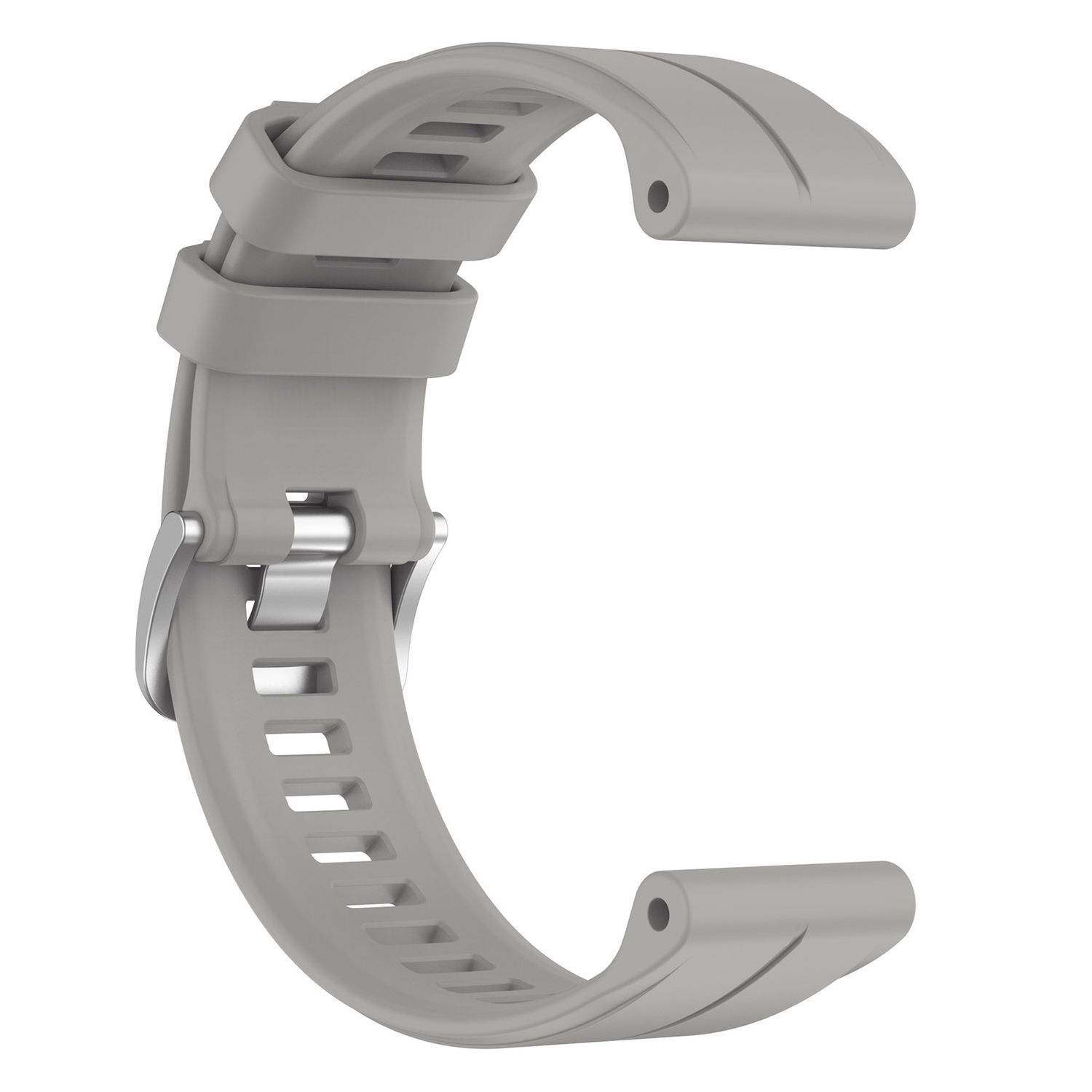 Graues Uhrenarmband in C-Form, mit silberner Schnalle.