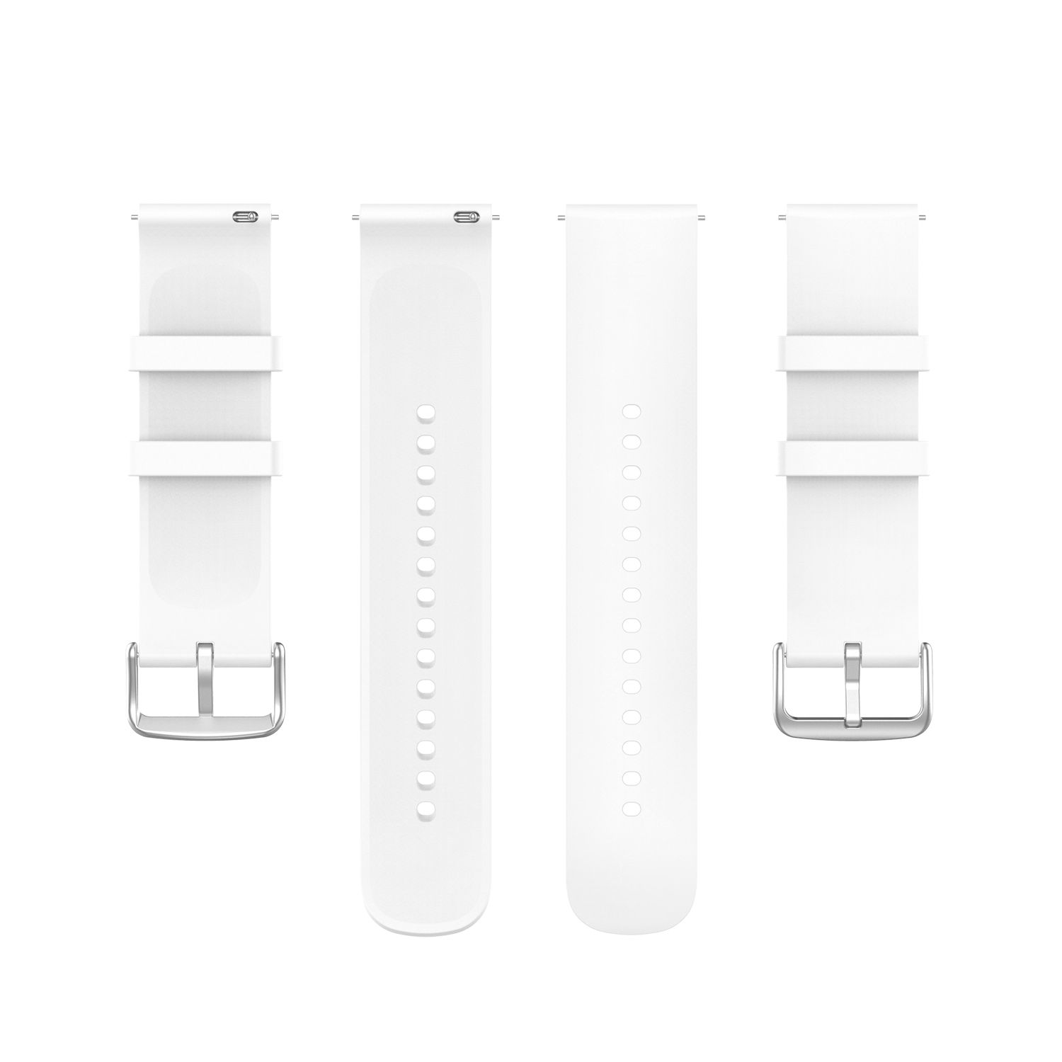 Vier weiße Uhrenarmbänder mit silbernen Schnallen. Die Armbänder sind ausgelegt, Löcher und Verschlüsse sichtbar.