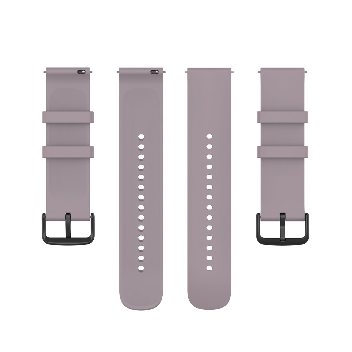 Vier lavendelfarbene Uhrenarmbänder. Zwei mit Löchern, zwei mit Schnallen. Weißer Hintergrund. Alle sind neu.
