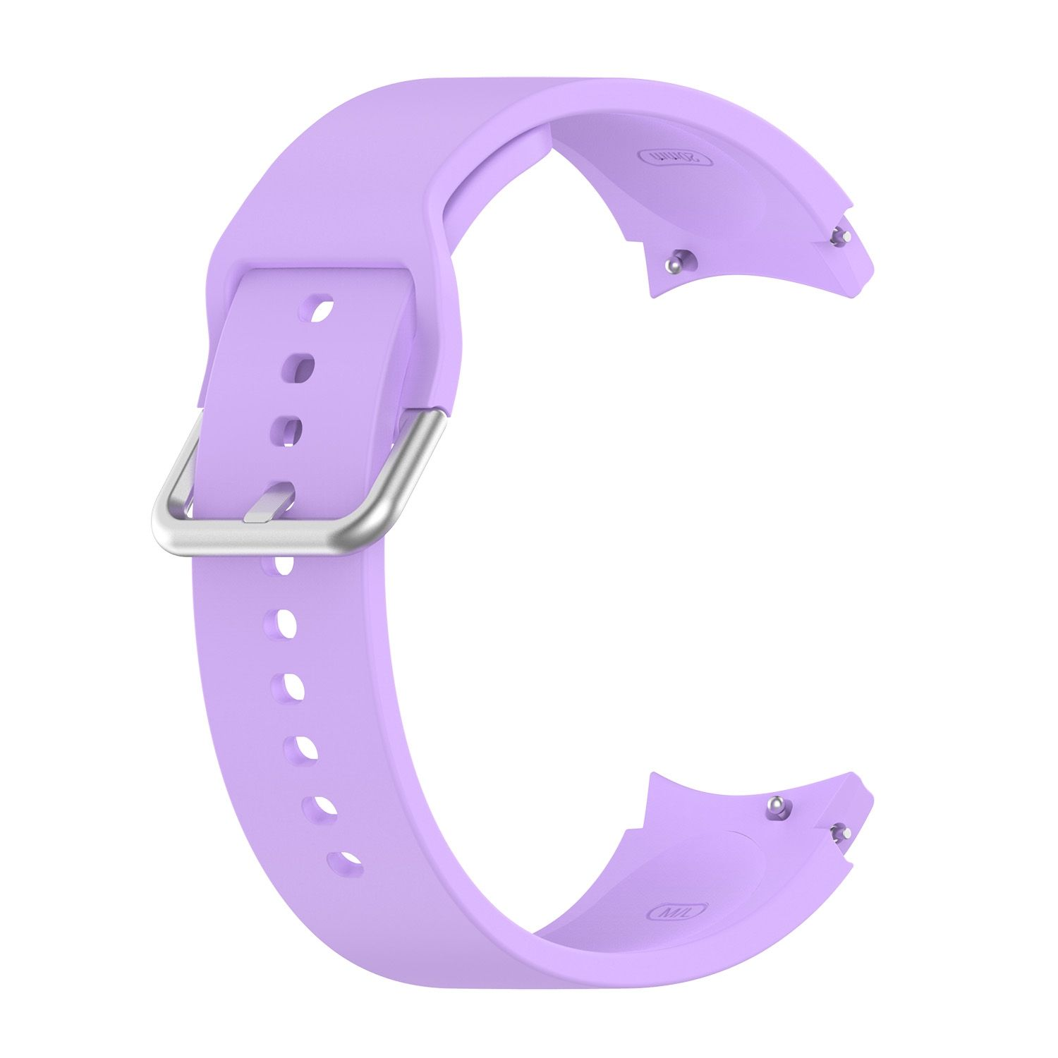 Ein helllila Uhrenarmband mit einer silbernen Schnalle. Das Armband ist auf weißem Hintergrund isoliert.