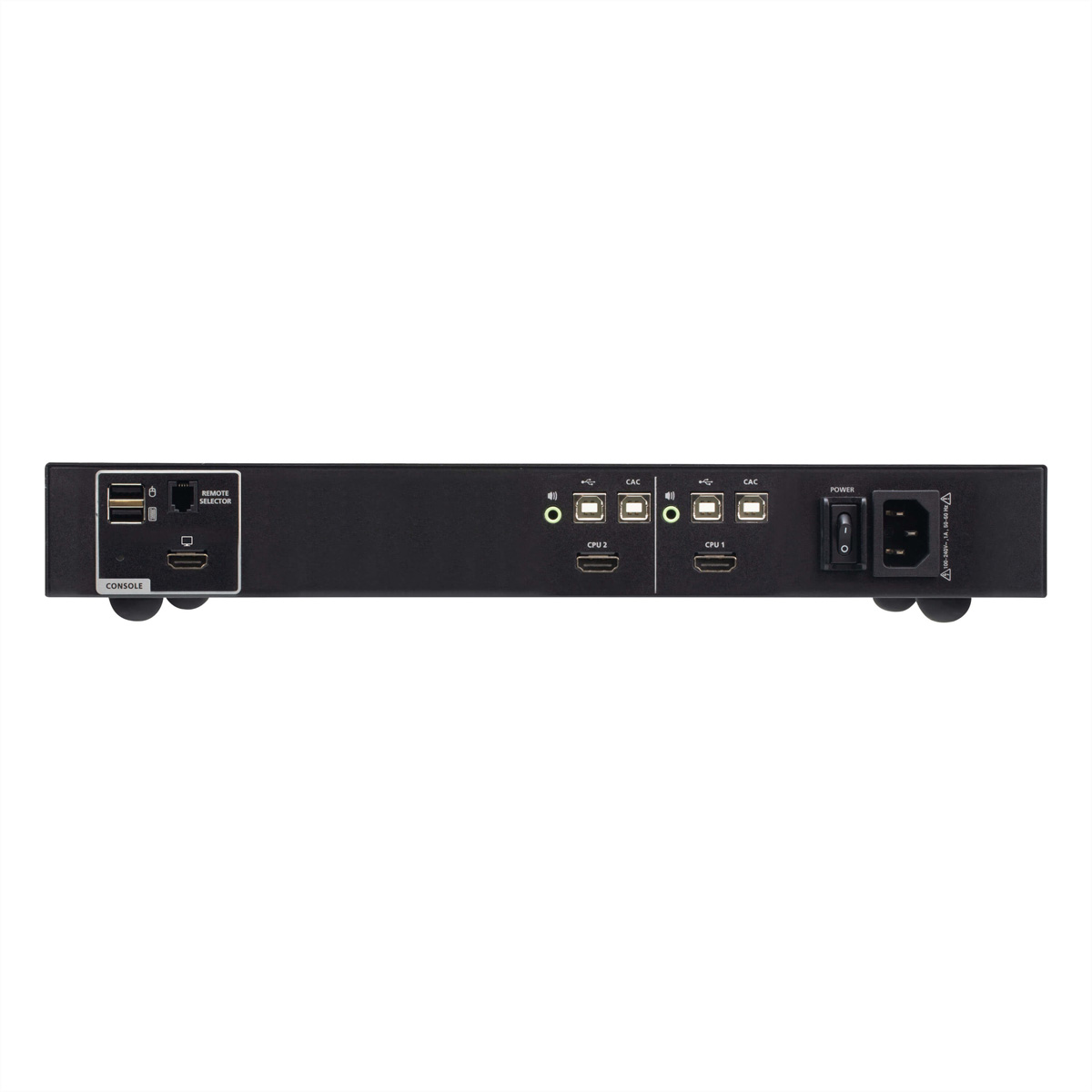 Schwarzes Gerät mit Anschlüssen. Beschriftet mit Konsole, USB, HDMI und Stromeingang.
