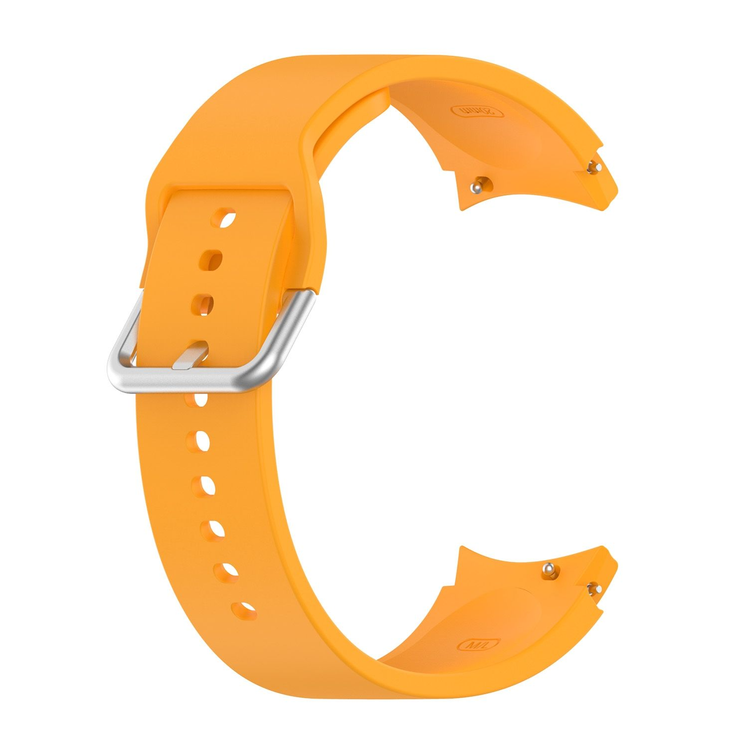 Oranges Uhrenarmband mit silberner Schnalle. Das Band ist gebogen und hat Löcher.
