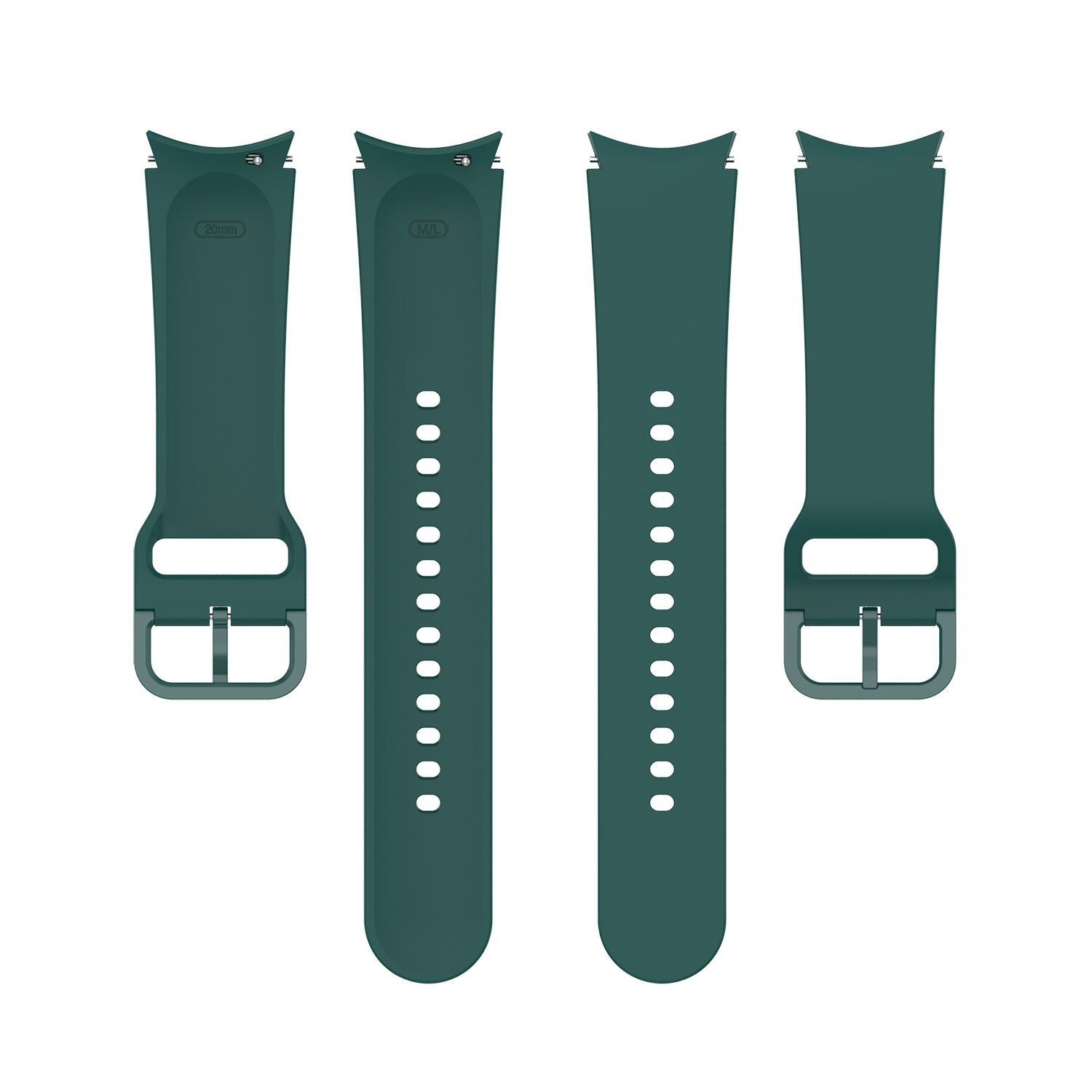 Dunkelgrüne Uhrenarmbänder, zwei mit Löchern, zwei ohne, flach auf einer weißen Oberfläche.