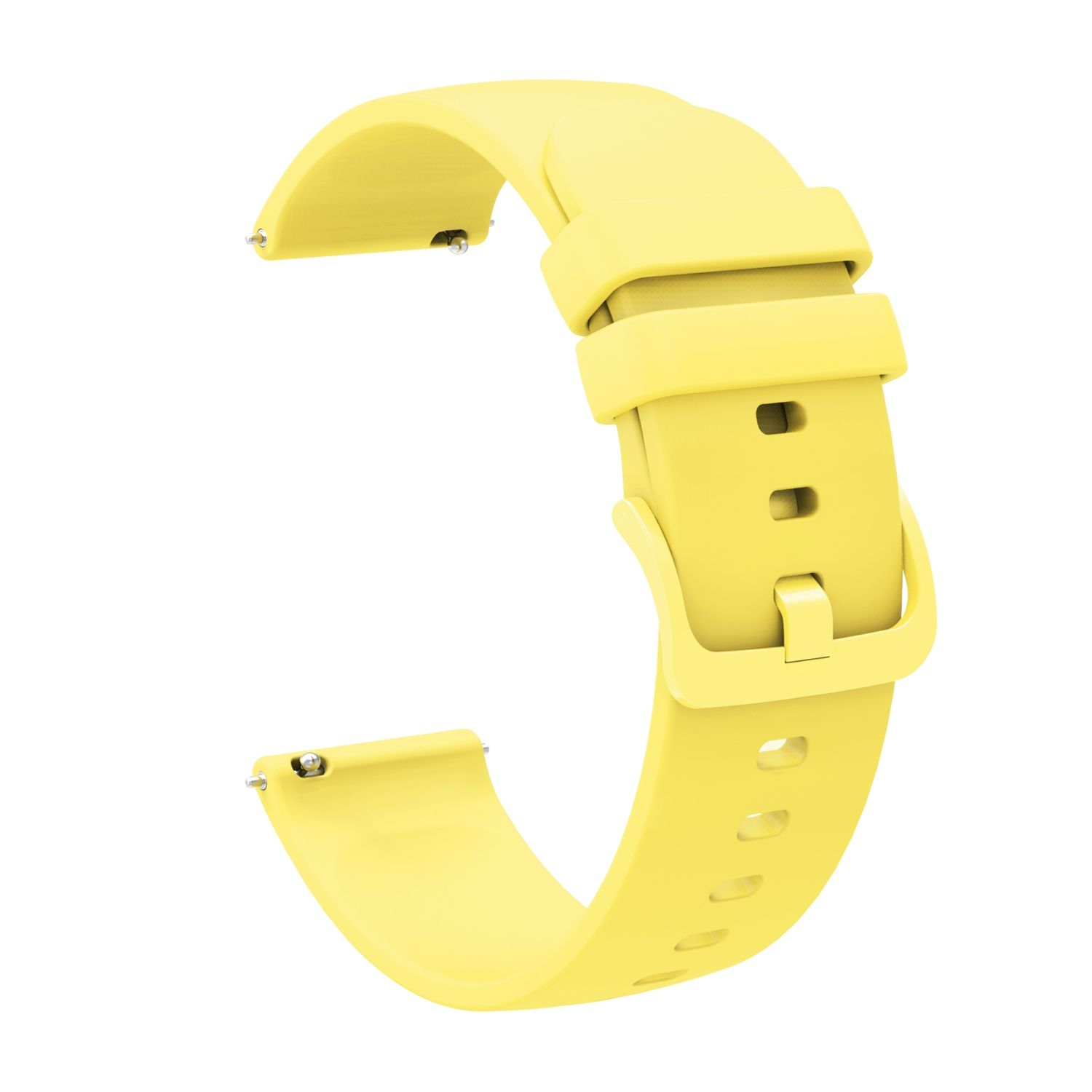 Ein gelbes Uhrenarmband mit gelber Schnalle wird auf weißem Hintergrund gezeigt.