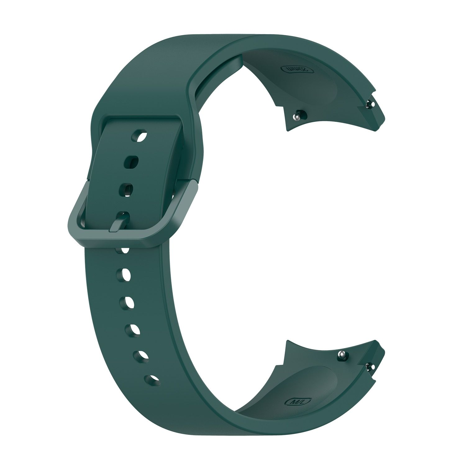 Dunkelgrünes Uhrenarmband, gebogen, auf einer weißen Oberfläche, mit silberner Schnalle und Stiften.
