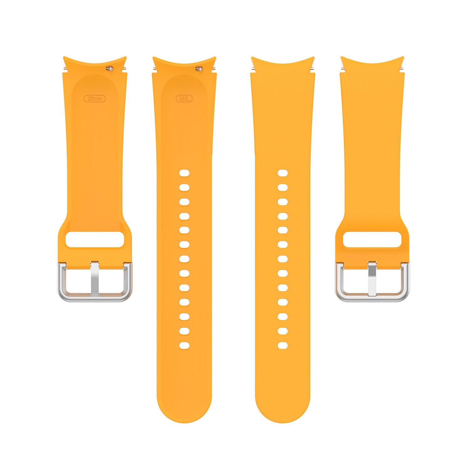 Vier orangefarbene Uhrenarmbänder mit silbernen Schnallen, zwei mit Löchern, zwei mit Befestigungspunkten.