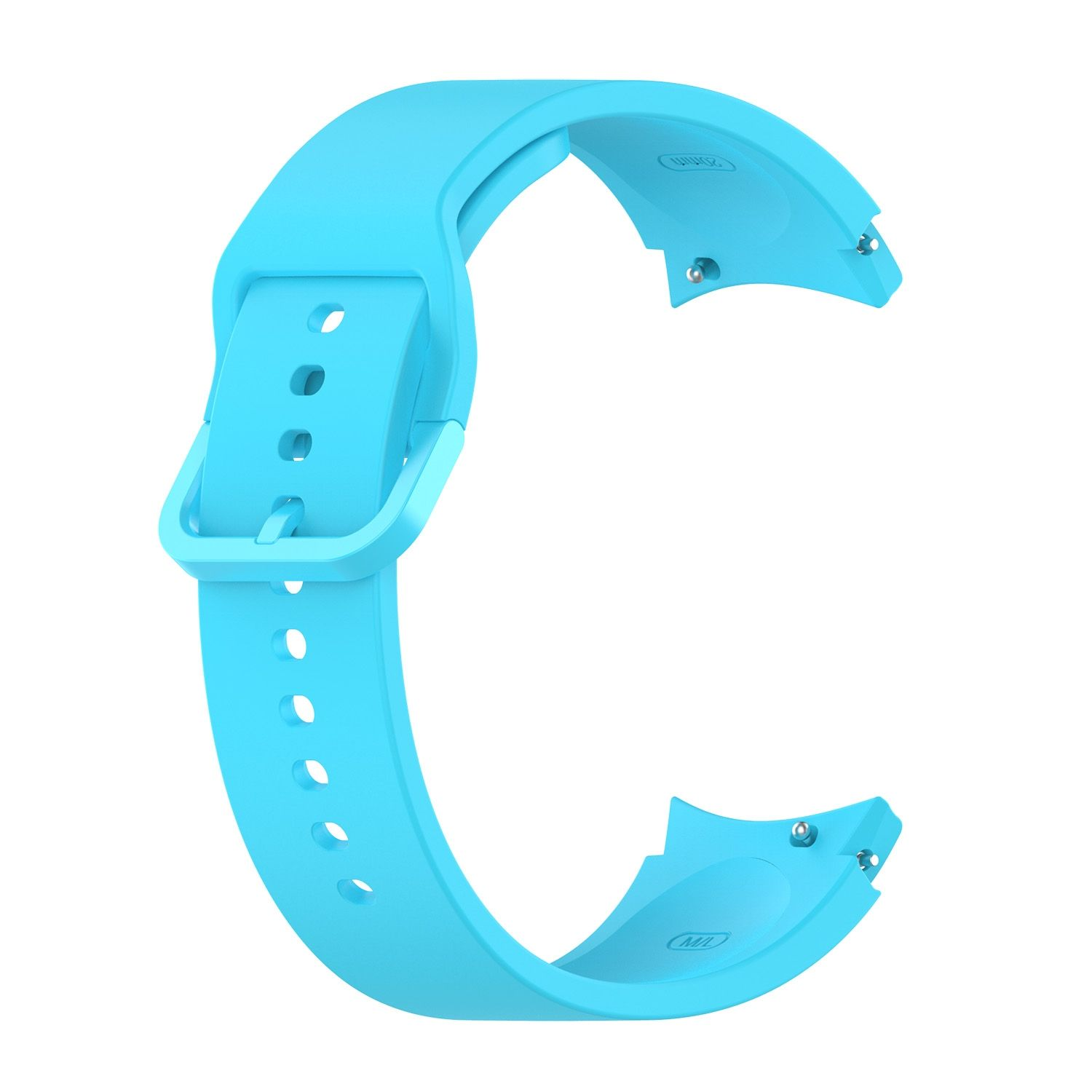 Ein hellblaues Uhrenarmband mit Schnalle. Das Band hat C-Form. Der Hintergrund ist weiß.