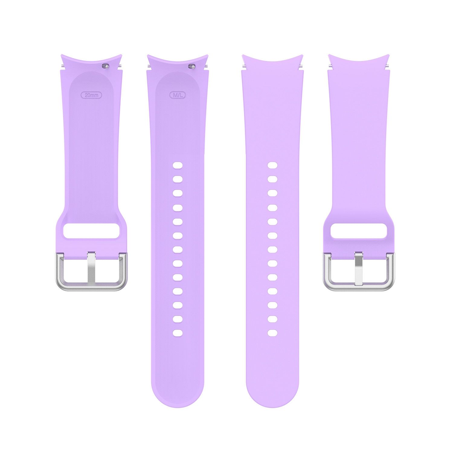 Vier lavendelfarbene Uhrenarmbänder auf Weiß. Jedes Armband hat ein anderes Design.