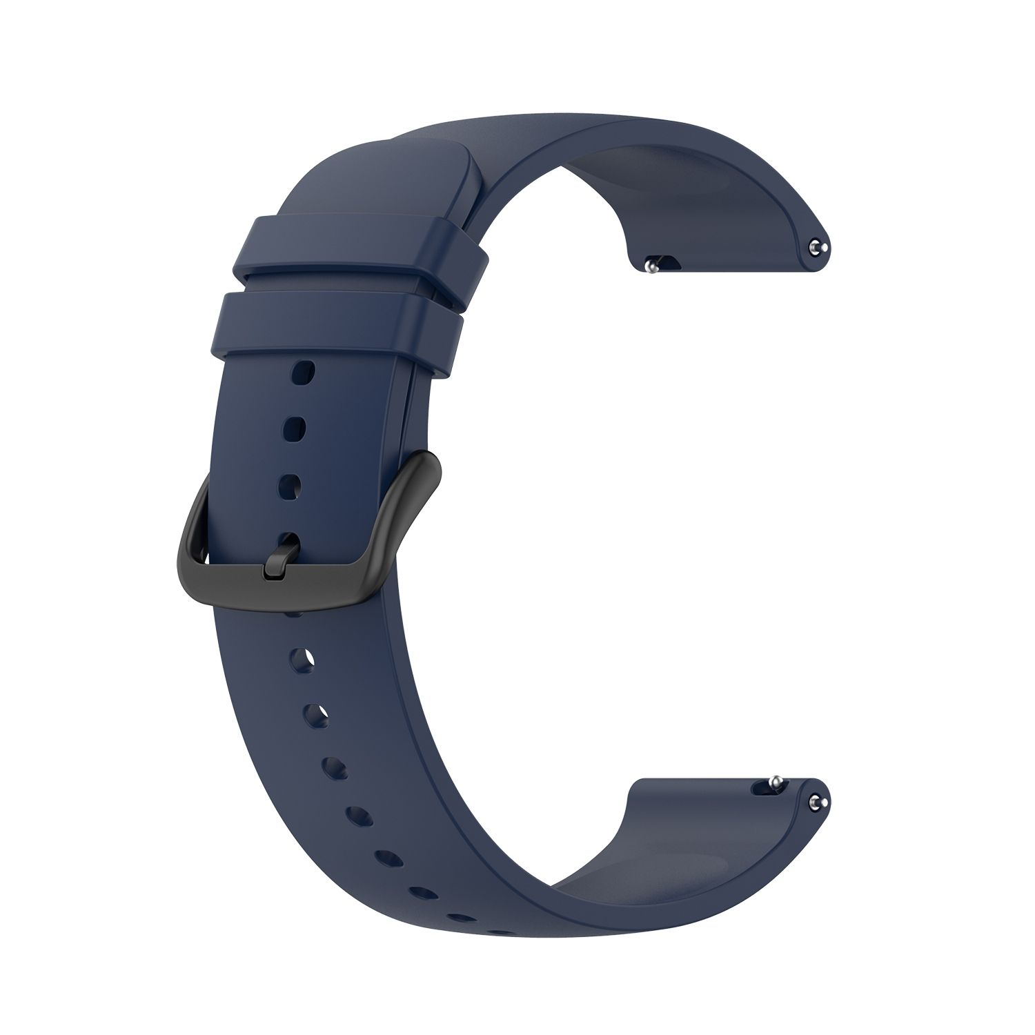 Ein dunkelblaues Uhrenarmband mit schwarzer Schnalle. Der Hintergrund ist weiß.