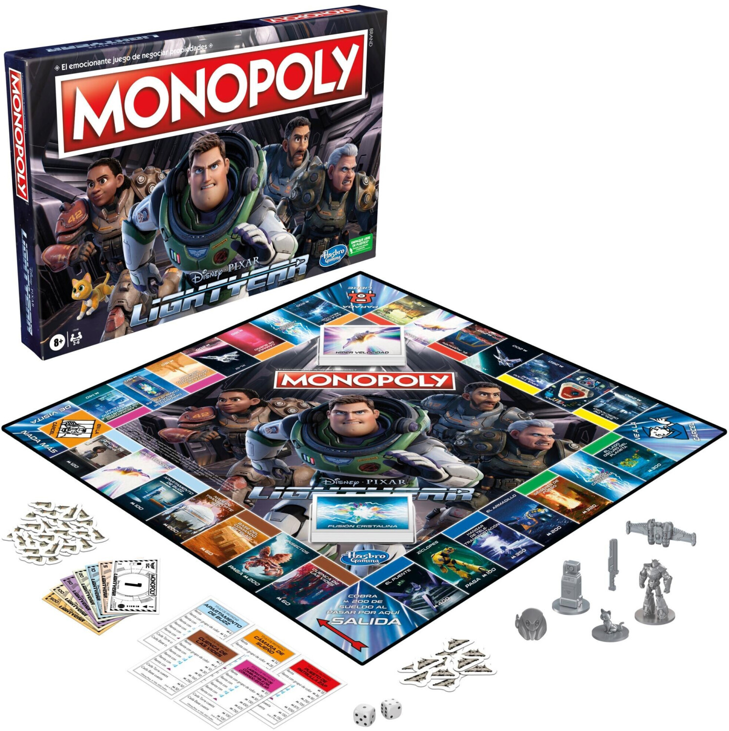 Die Monopoly Lightyear-Brettspielbox und das Spielset werden auf weißem Hintergrund angezeigt.