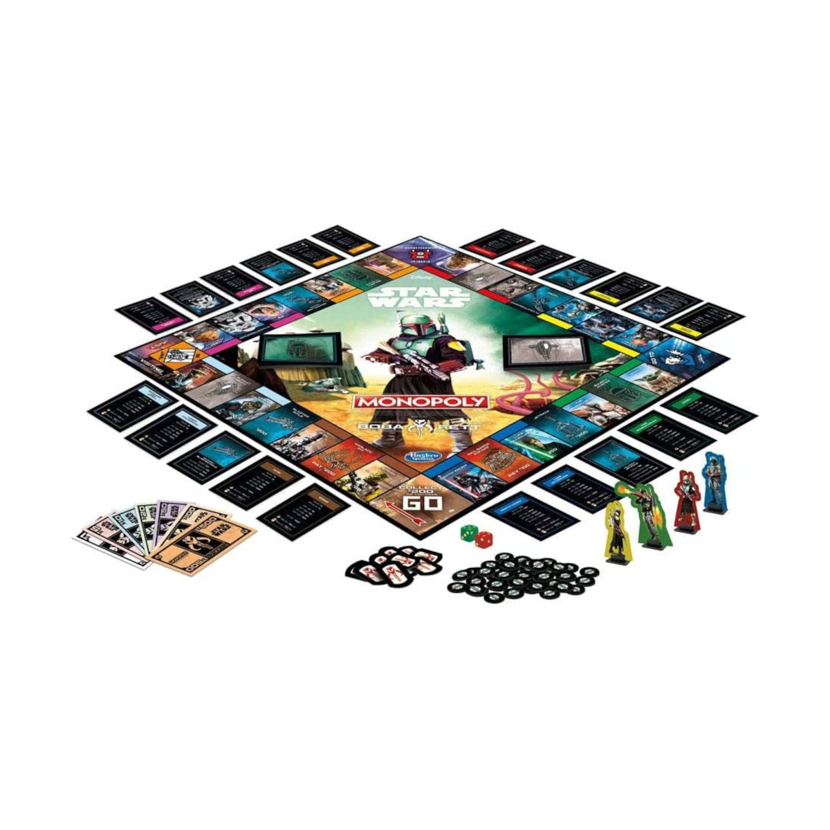Star Wars Monopoly Brettspiel mit Spielfiguren, Karten und einem zentralen Bild von Boba Fett.