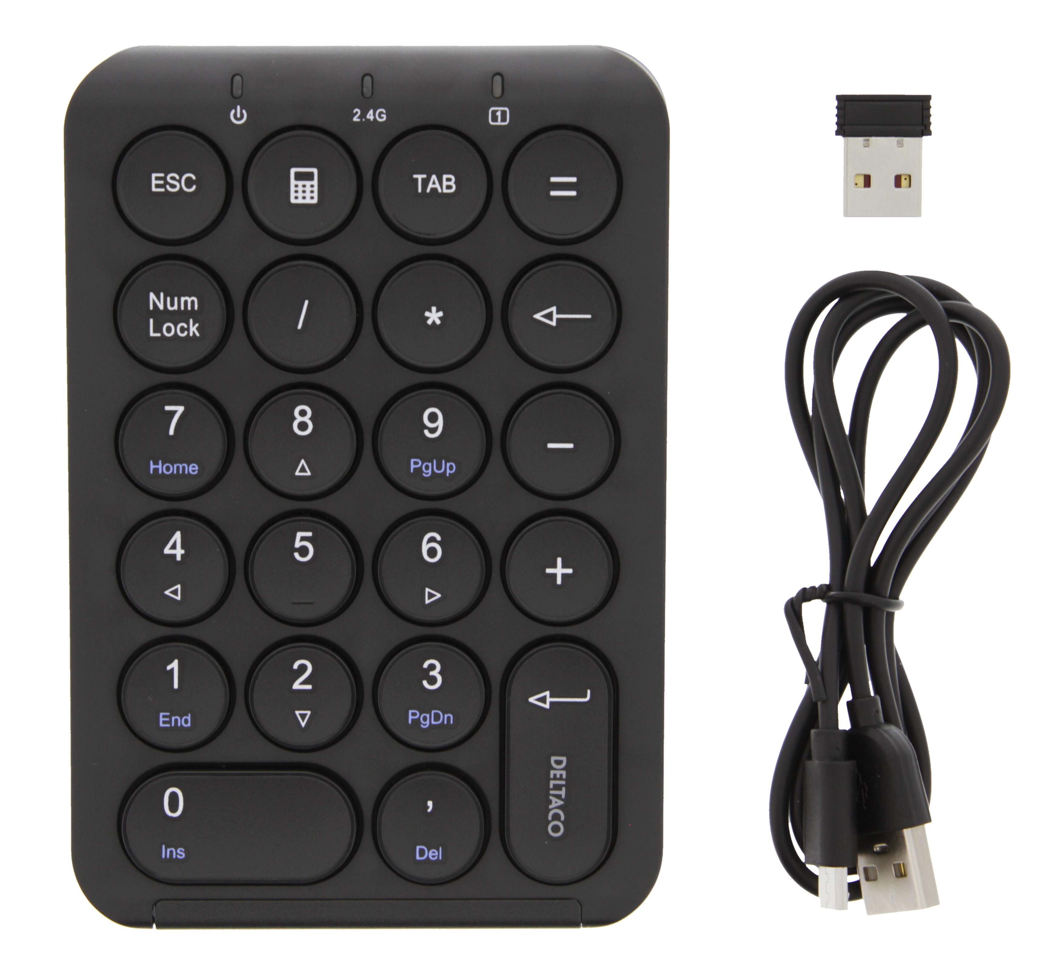 Tastierino numerico nero con tasti e un ricevitore e cavo USB.