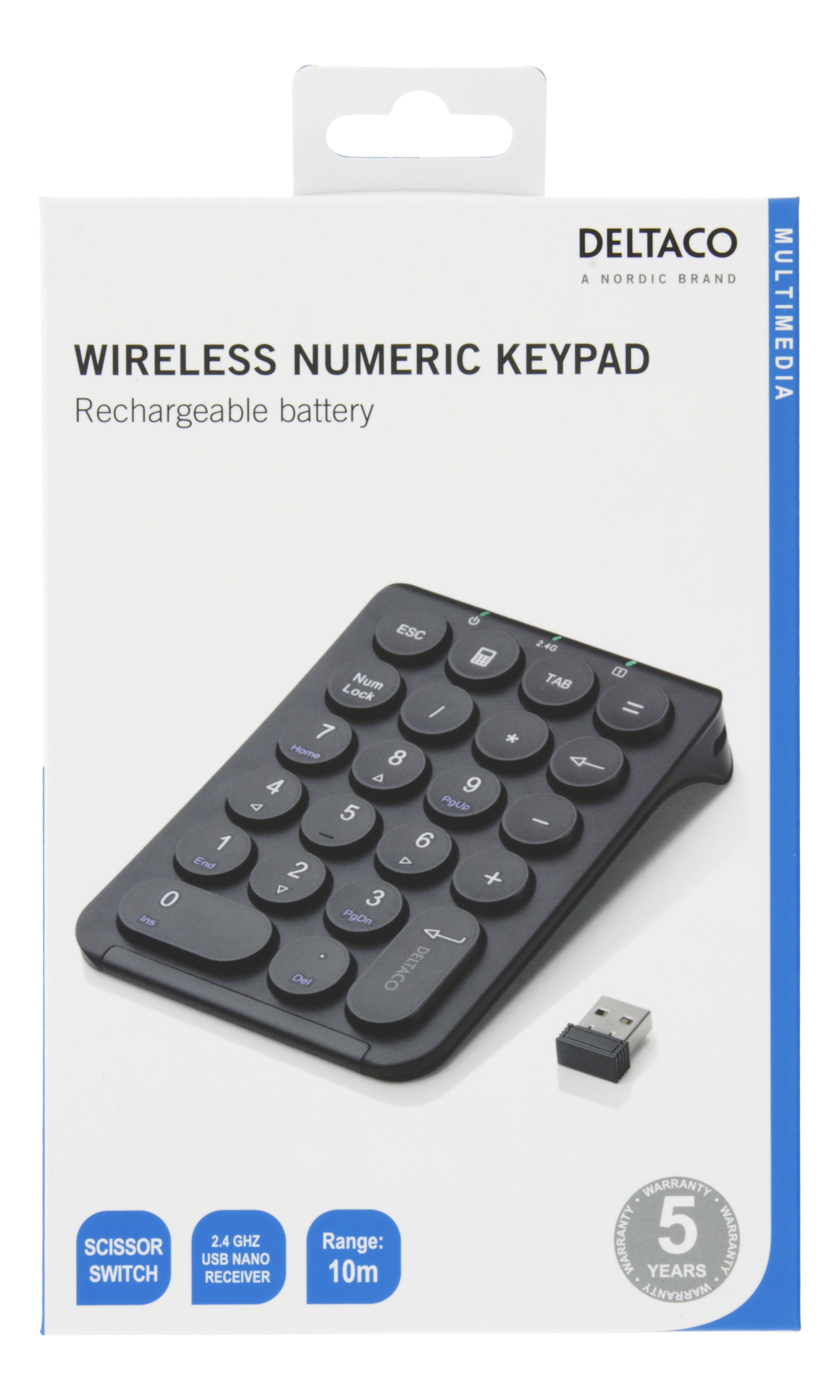 Tastierino numerico wireless in scatola con un ricevitore USB.