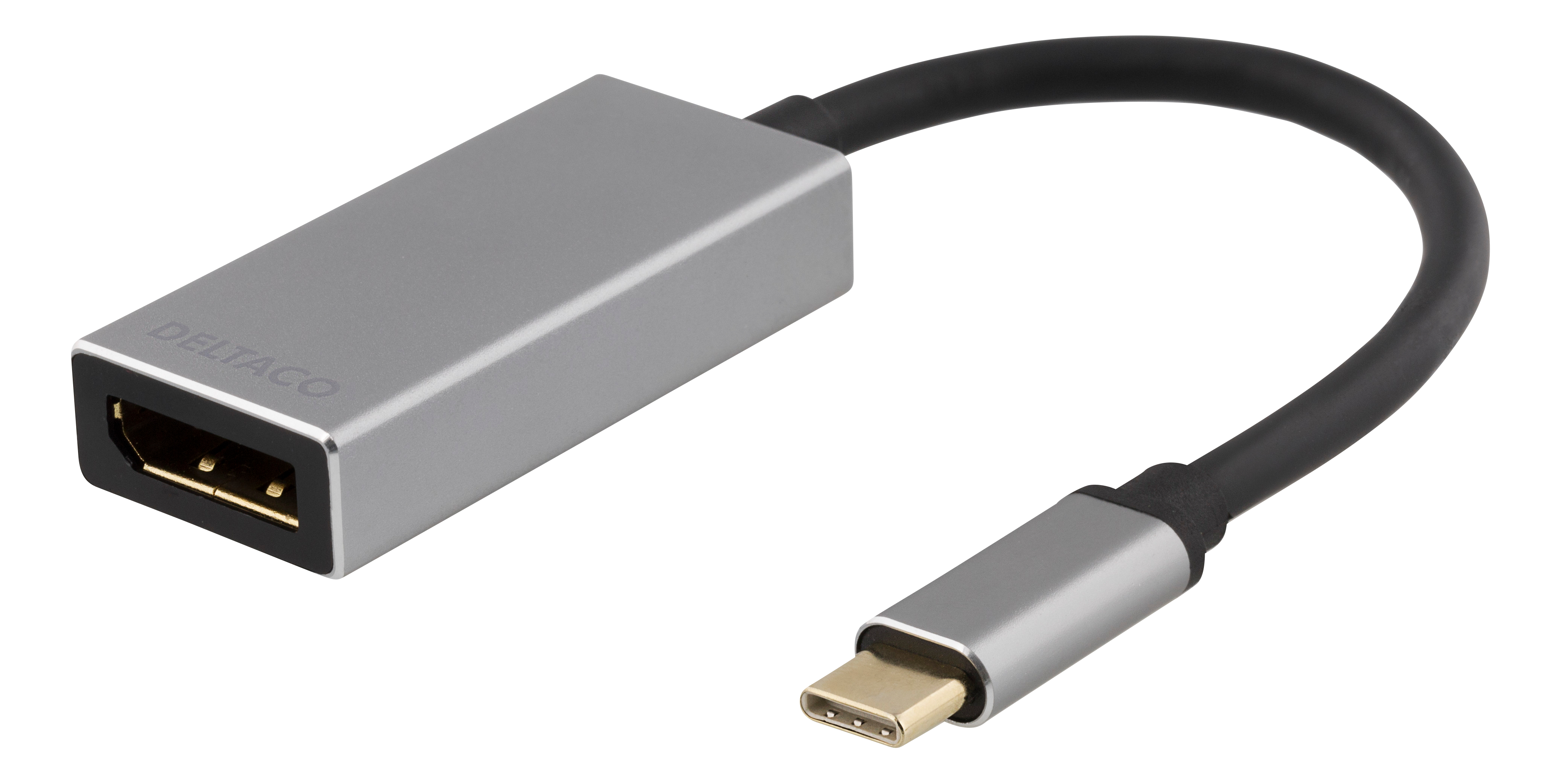 Silberner Adapter mit schwarzem Kabel, USB-C- und DisplayPort-Anschlüssen.