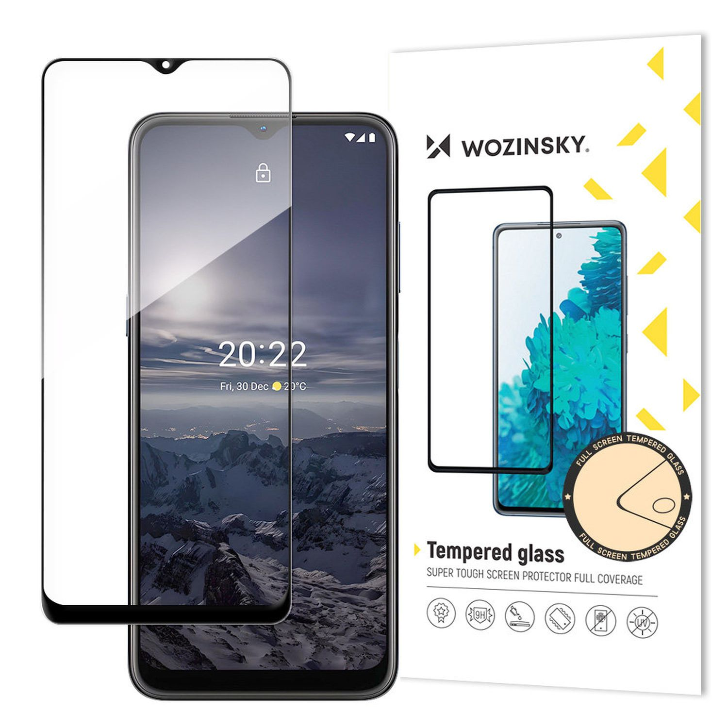 Ein Telefon mit installiertem Displayschutz neben Verpackung und einem Ersatzschutz. Weißer Hintergrund.