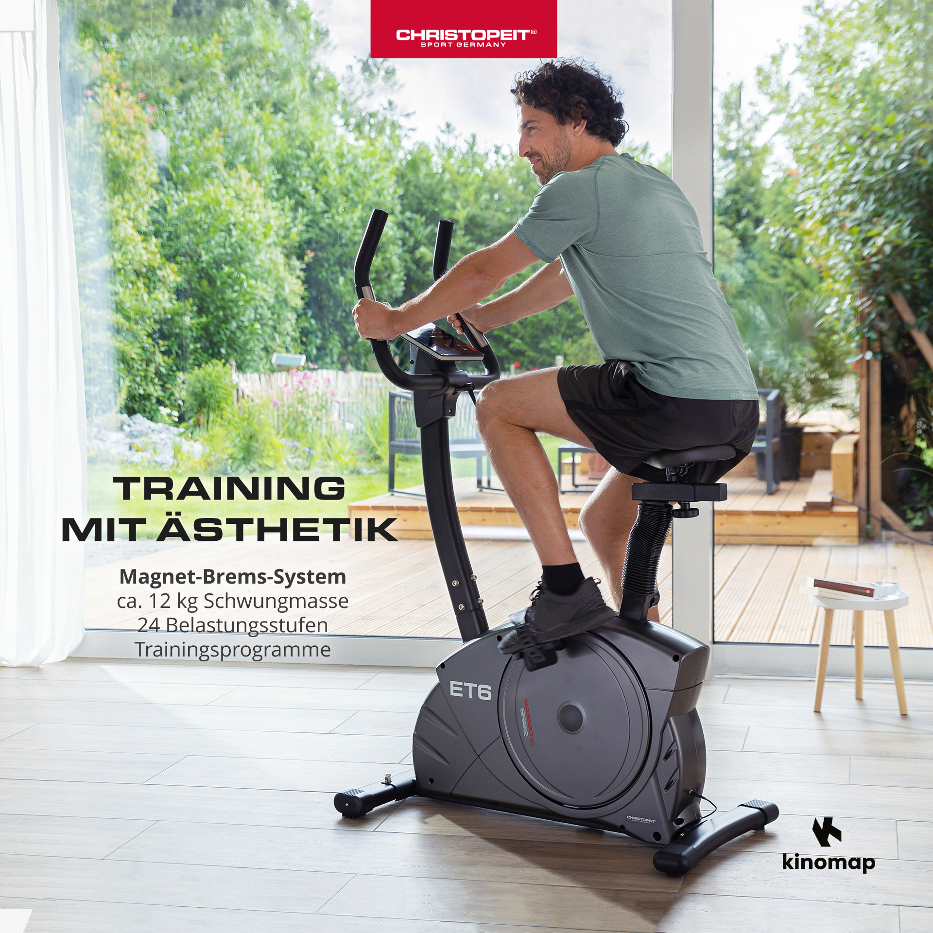 Mann auf dem Heimtrainer, mit Text: Training mit Ästhetik, und weitere Details.