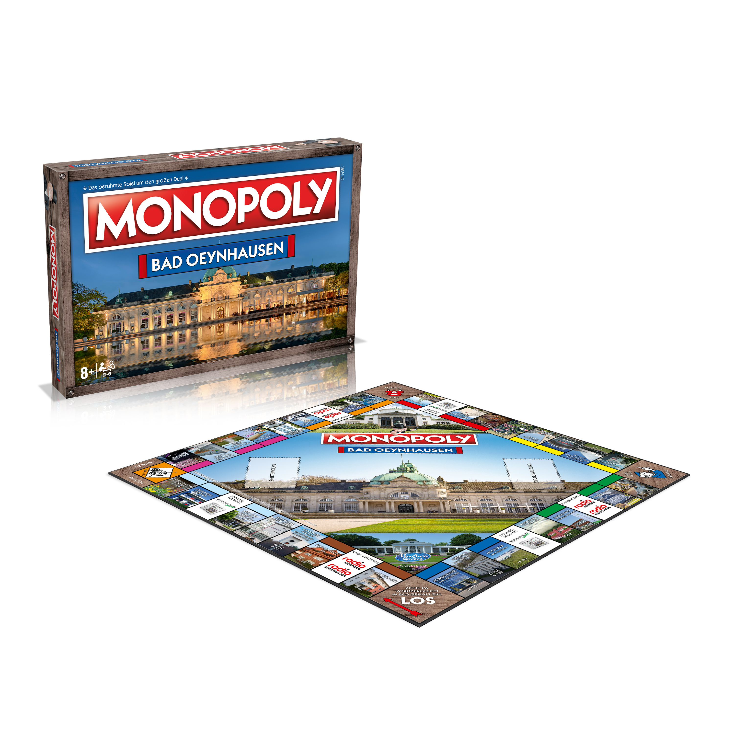 Monopoly-Brettspielbox und -Brett. Zeigt ein Gebäude und den Text 'BAD OEYNHAUSEN'.
