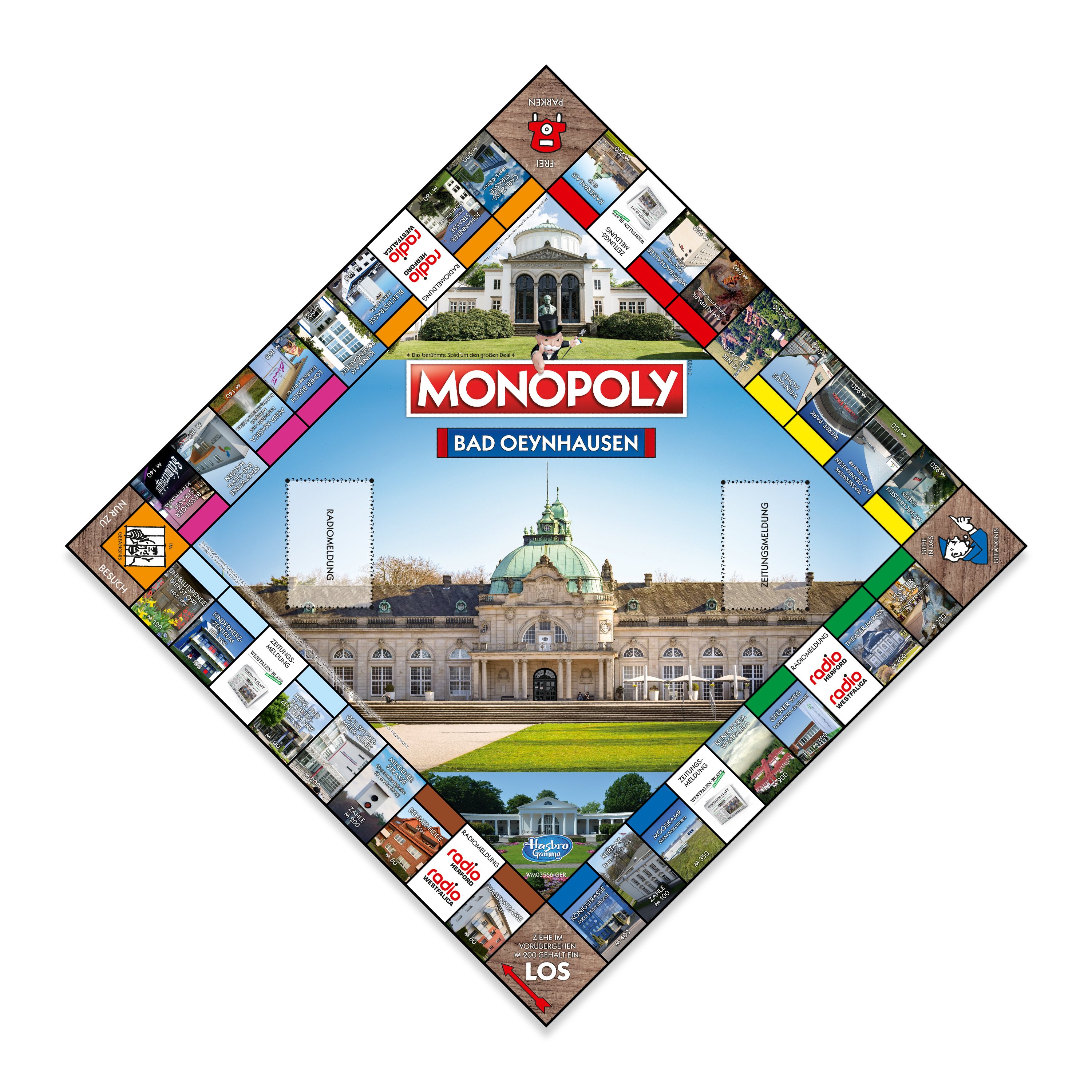 Monopoly-Brettspiel. Zentrum zeigt Gebäude. Das Brett ist rautenförmig.