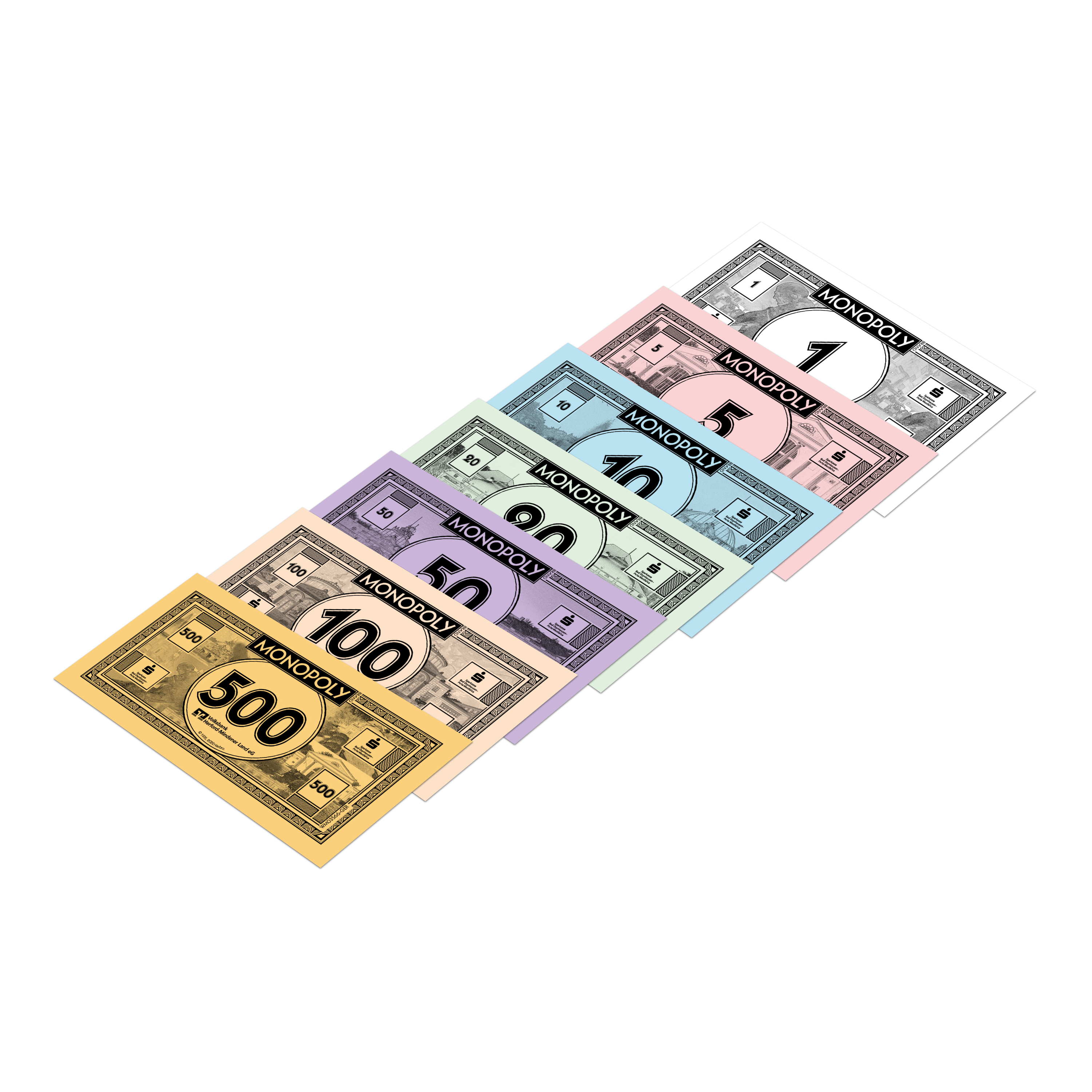 Monopoly-Geld. Verschiedene Scheine in unterschiedlichen Farben und Werten werden angezeigt.